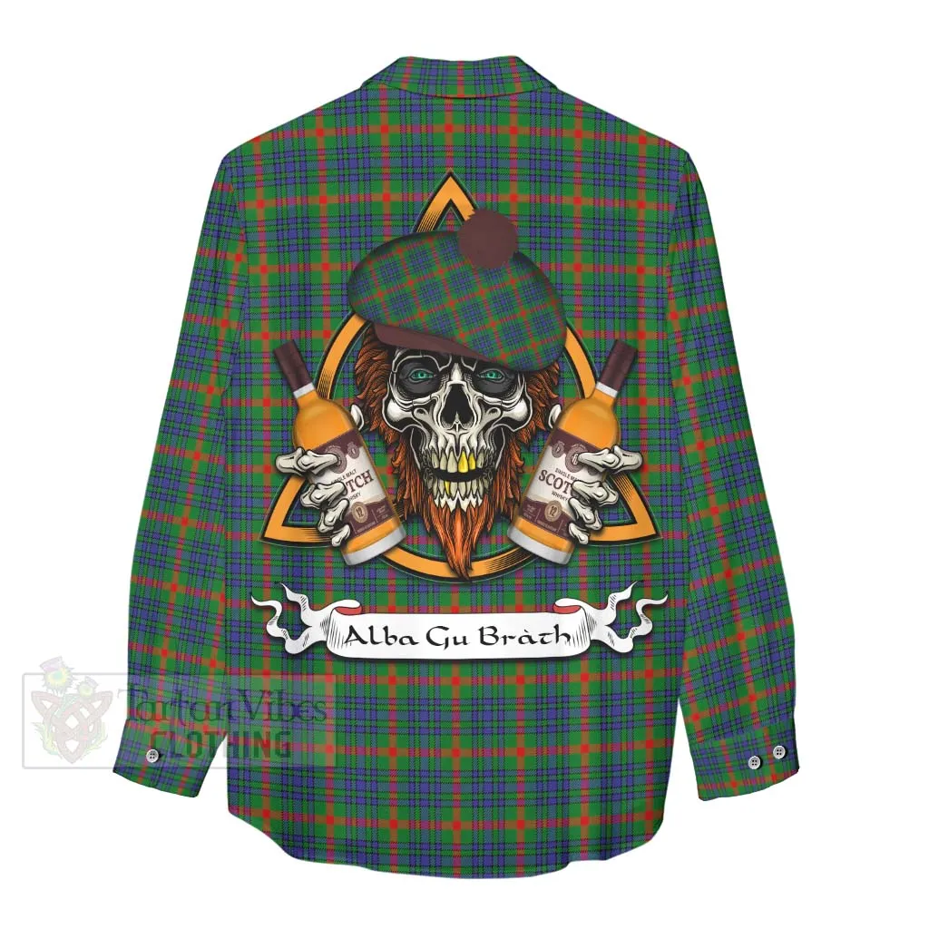 Aiton Tartan Women's Casual Shirt with Family Crest and Bearded Skull Holding Bottles of Whiskey