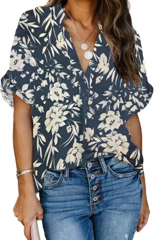 ANCAPELION Womens Summer Chiffon Blouse Casual Short Sleeve V Neck Shirt Loose Printed Cuffed Sleeve Tunic Tops for Women