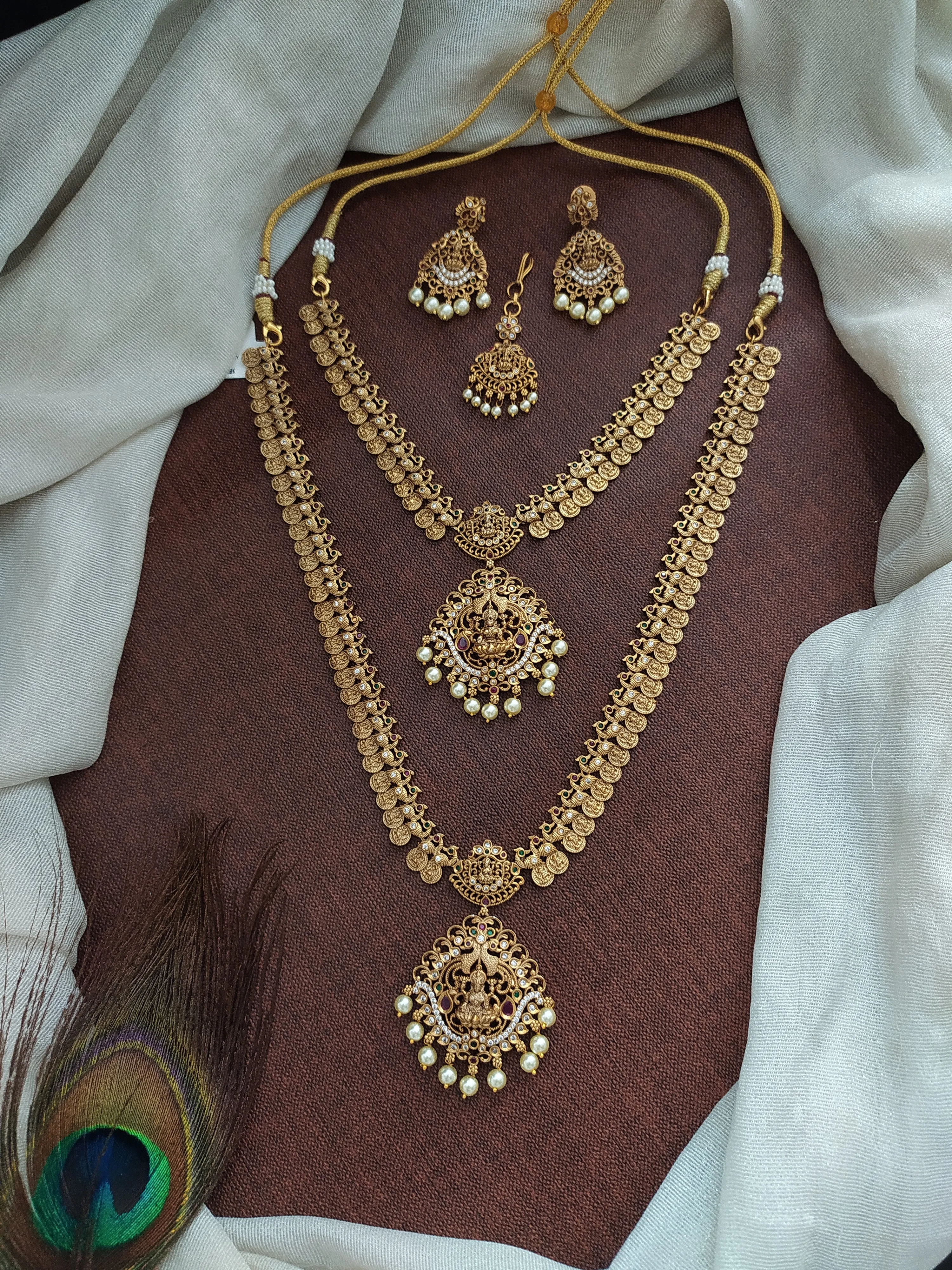 Antique Lakshmi Semi-Bridal Set – Peacock Design with Zircon & Kemp Stones
