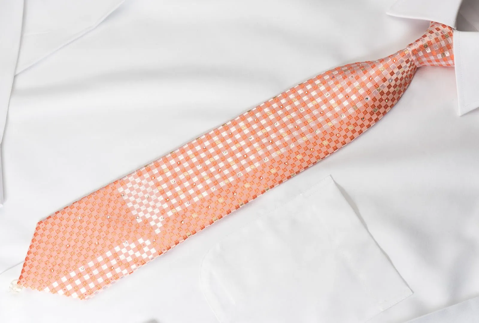 Austin Reed Rhinestone Necktie Peach Checker With Silver Sparkles