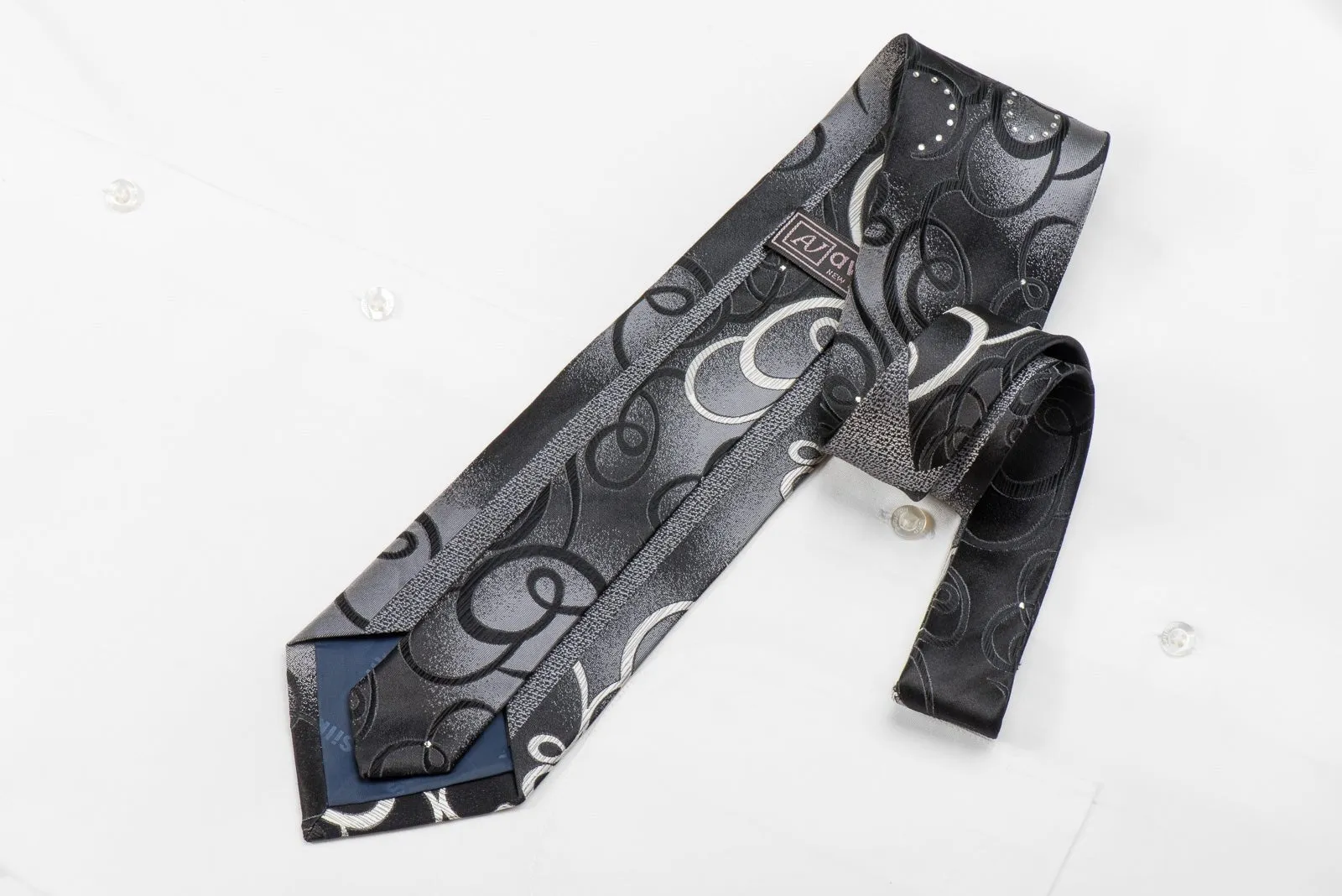Avolio Men's Crystal Silk Tie Silver Black Scrolls On Black With Silver Sparkles