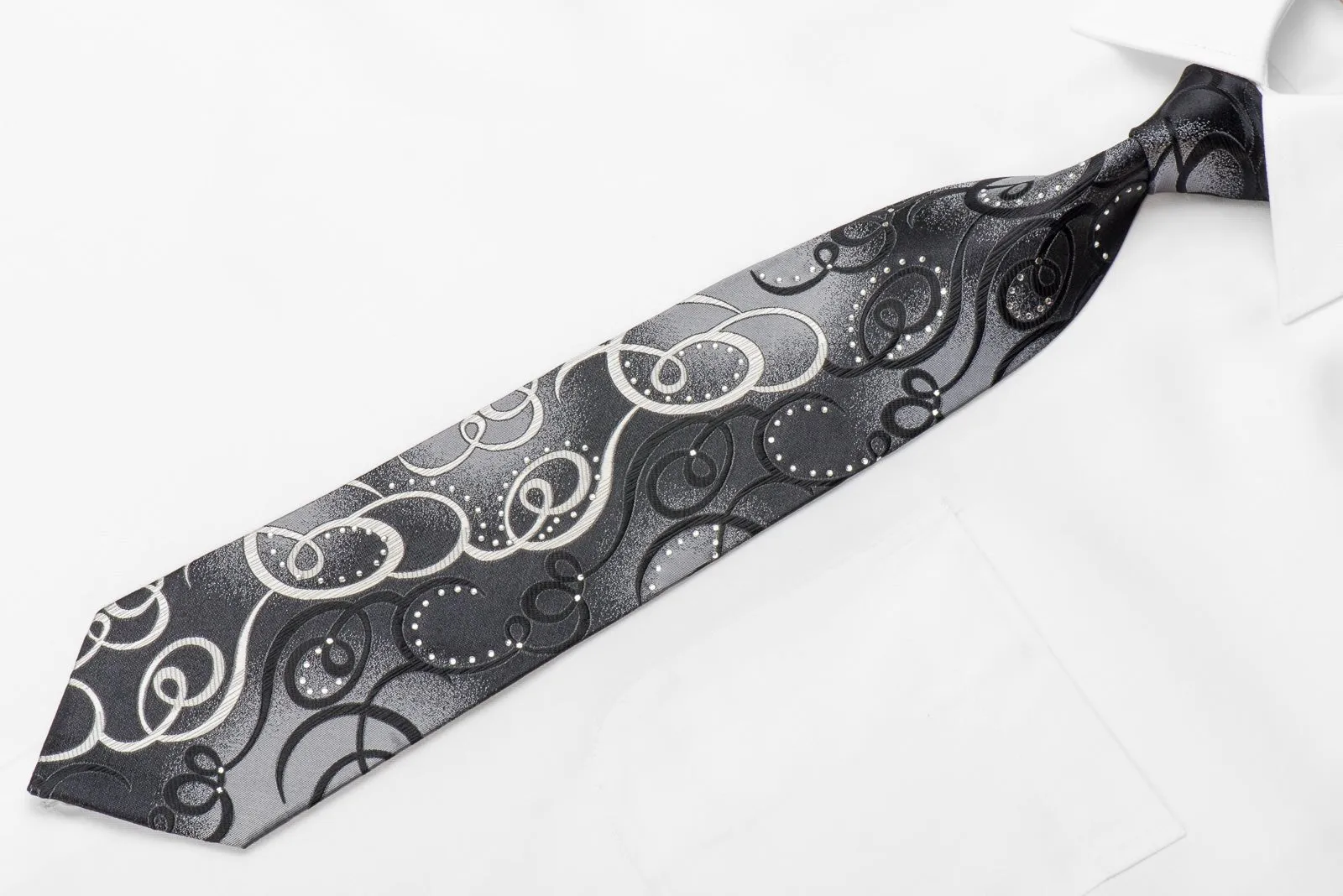 Avolio Men's Crystal Silk Tie Silver Black Scrolls On Black With Silver Sparkles
