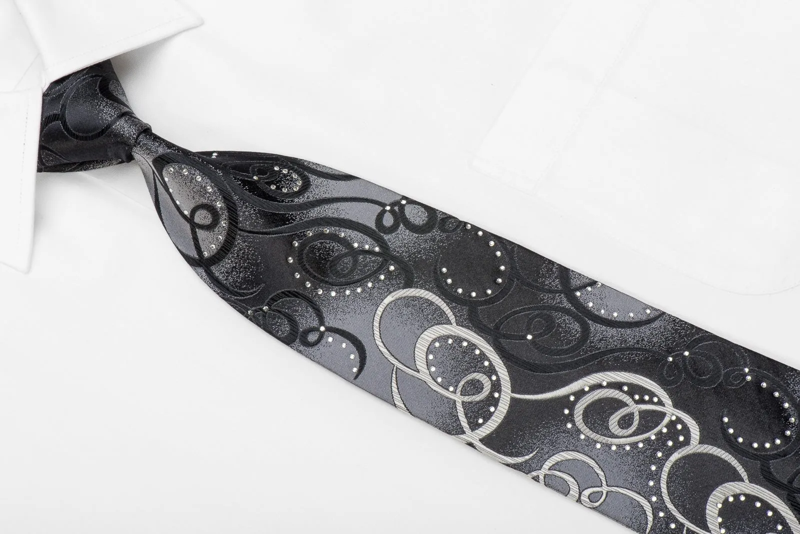 Avolio Men's Crystal Silk Tie Silver Black Scrolls On Black With Silver Sparkles