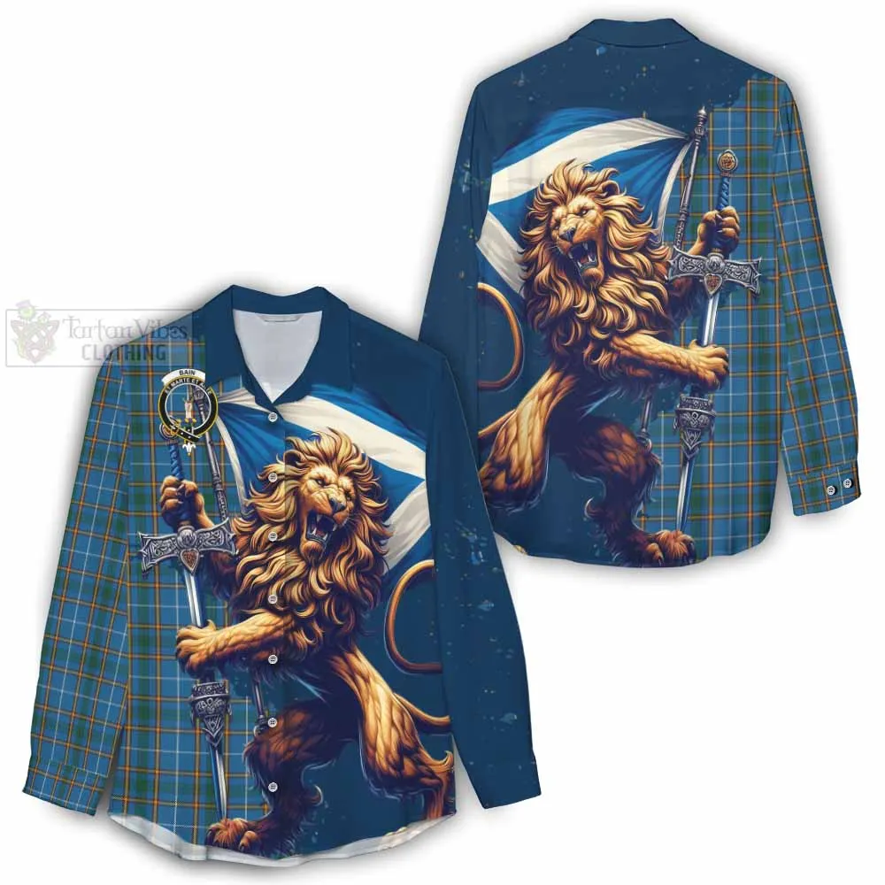 Bain Tartan Family Crest Women's Casual Shirt with Scottish Majestic Lion
