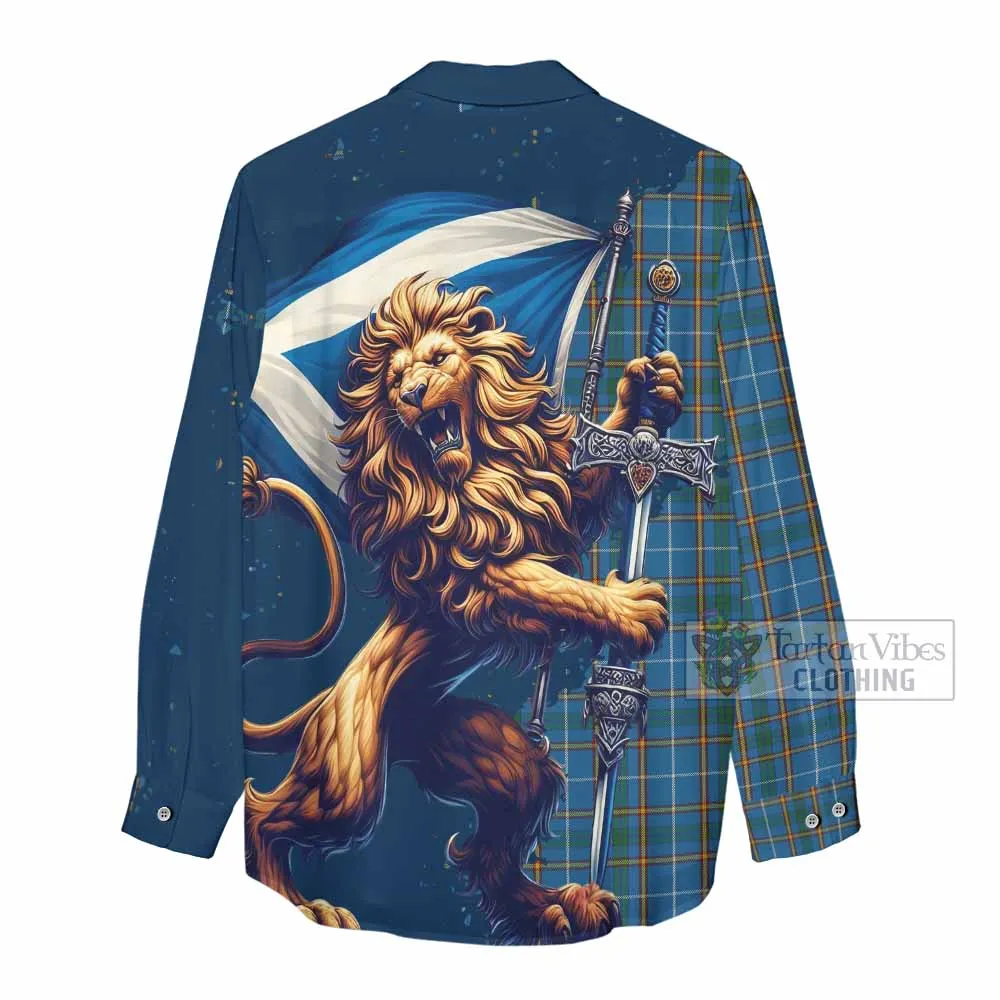 Bain Tartan Family Crest Women's Casual Shirt with Scottish Majestic Lion