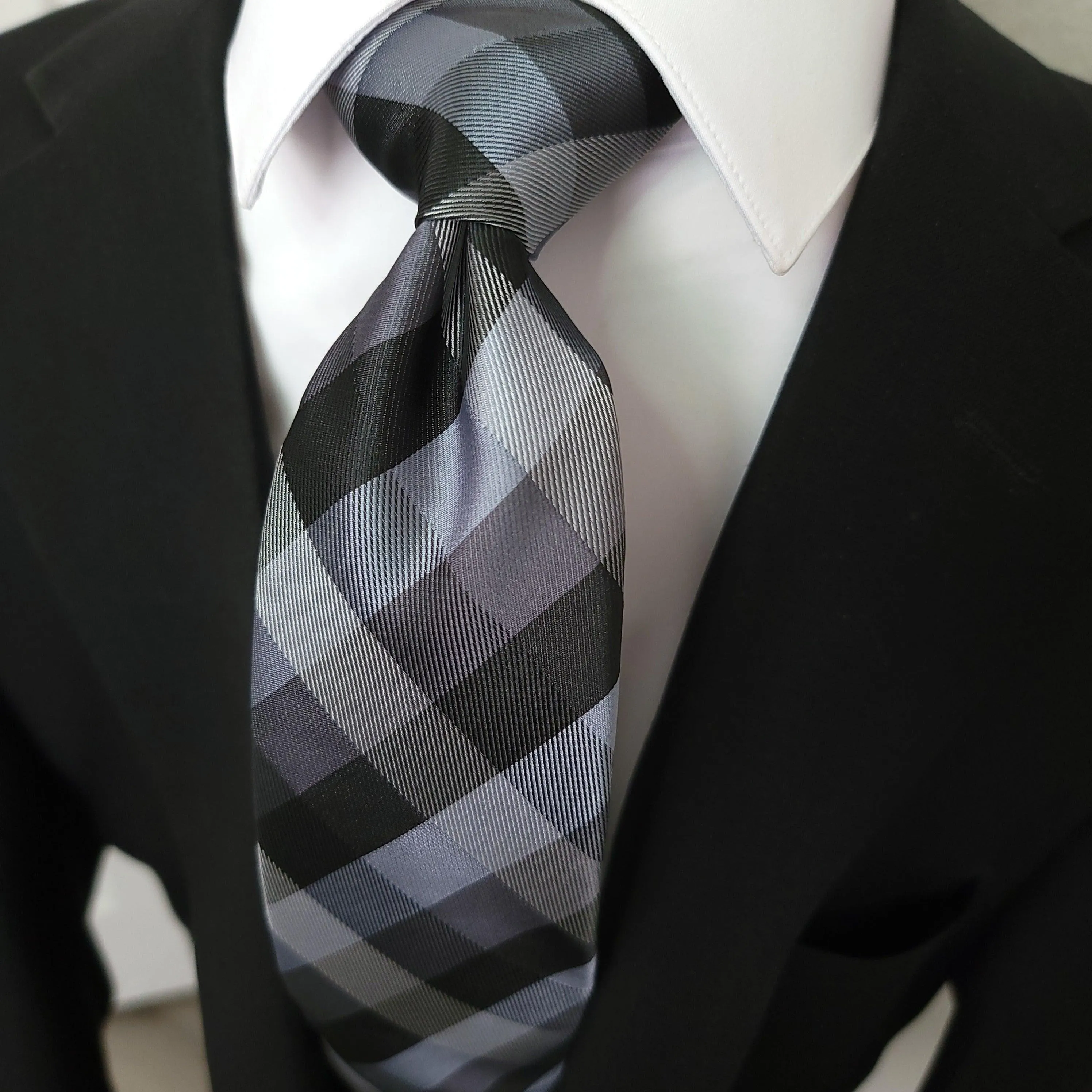 Black Gray Plaid Silk Tie