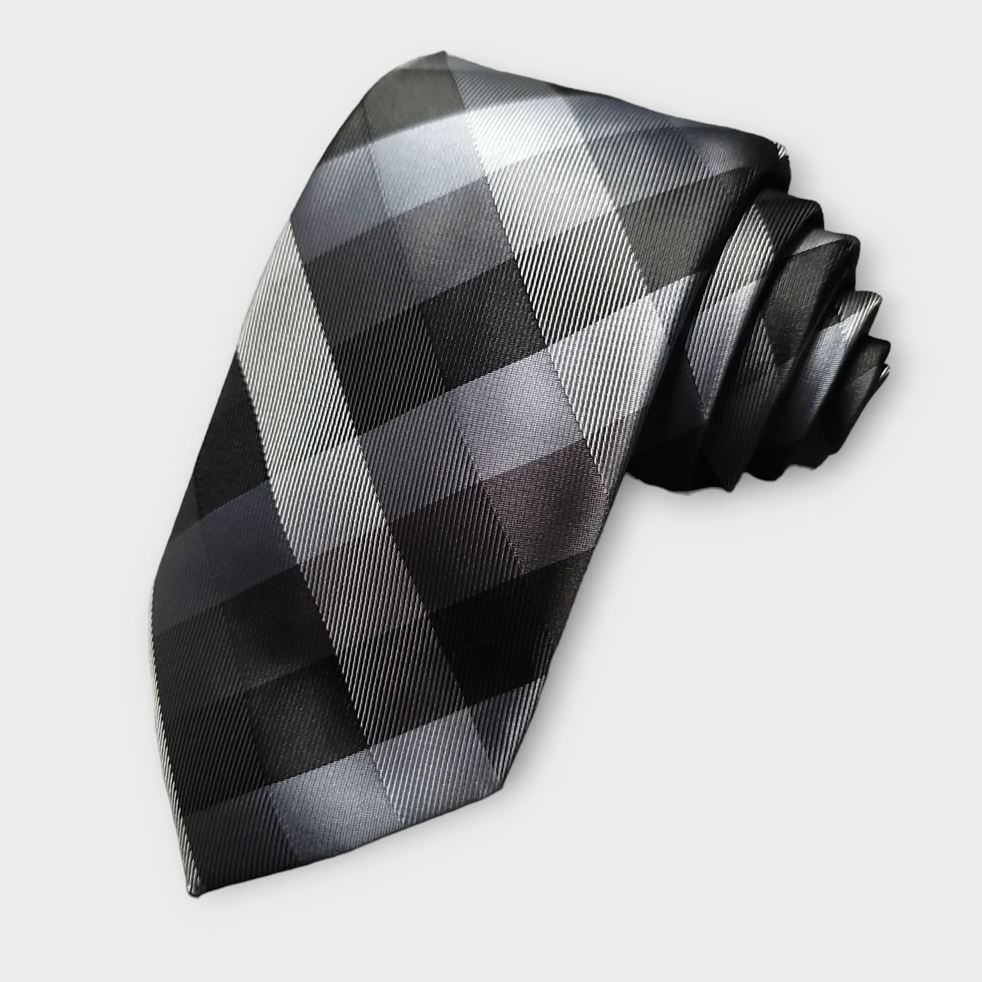 Black Gray Plaid Silk Tie