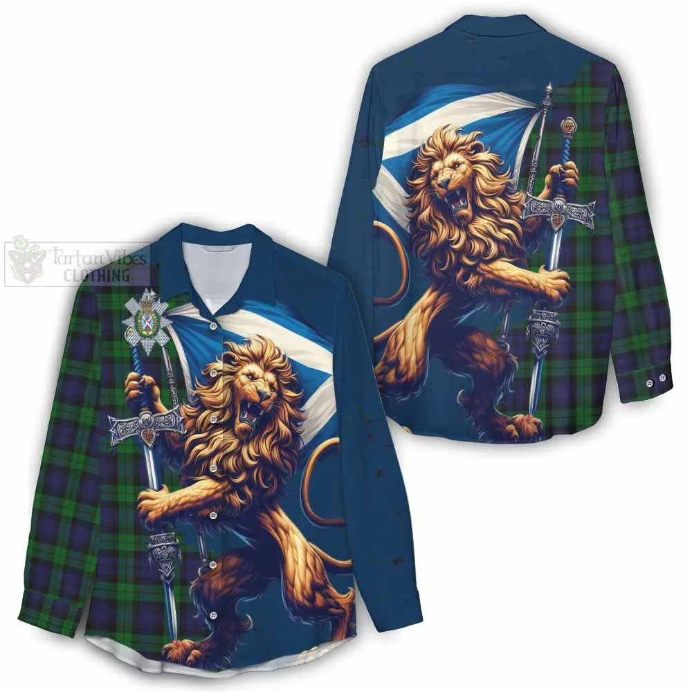 Black Watch Tartan Family Crest Women's Casual Shirt with Scottish Majestic Lion