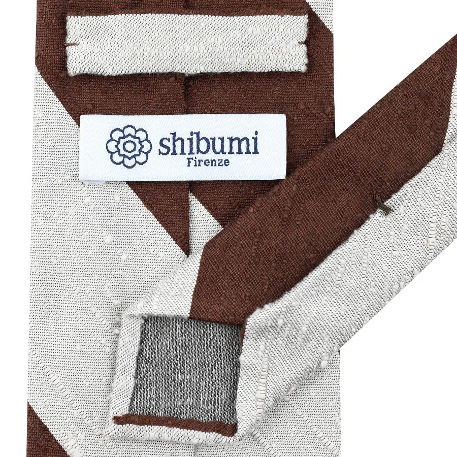 Block Stripe Shantung Silk Tie - White / Brown