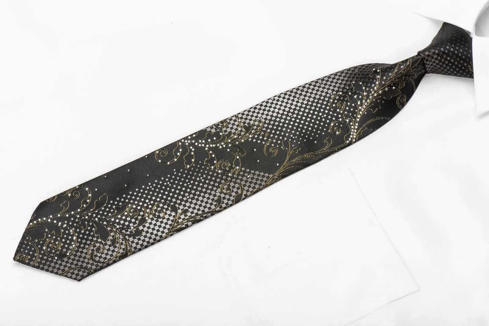 Blu Moon Men's Crystal Silk Necktie Silver Acanthus Checker On Black With Gold Sparkles