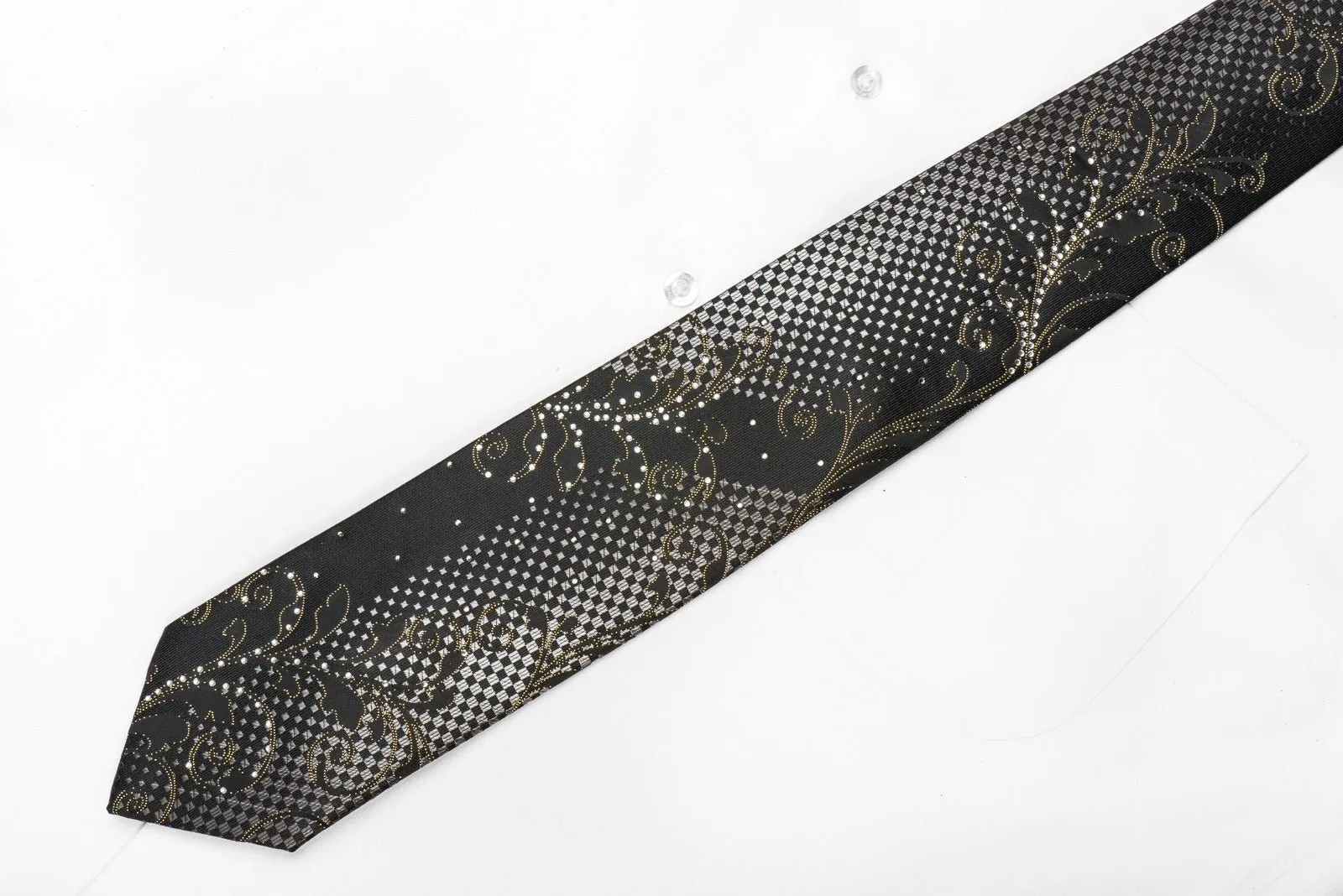Blu Moon Men's Crystal Silk Necktie Silver Acanthus Checker On Black With Gold Sparkles