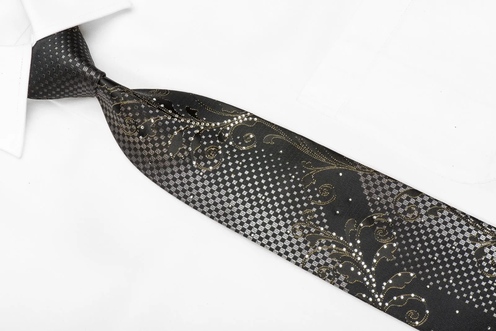 Blu Moon Men's Crystal Silk Necktie Silver Acanthus Checker On Black With Gold Sparkles