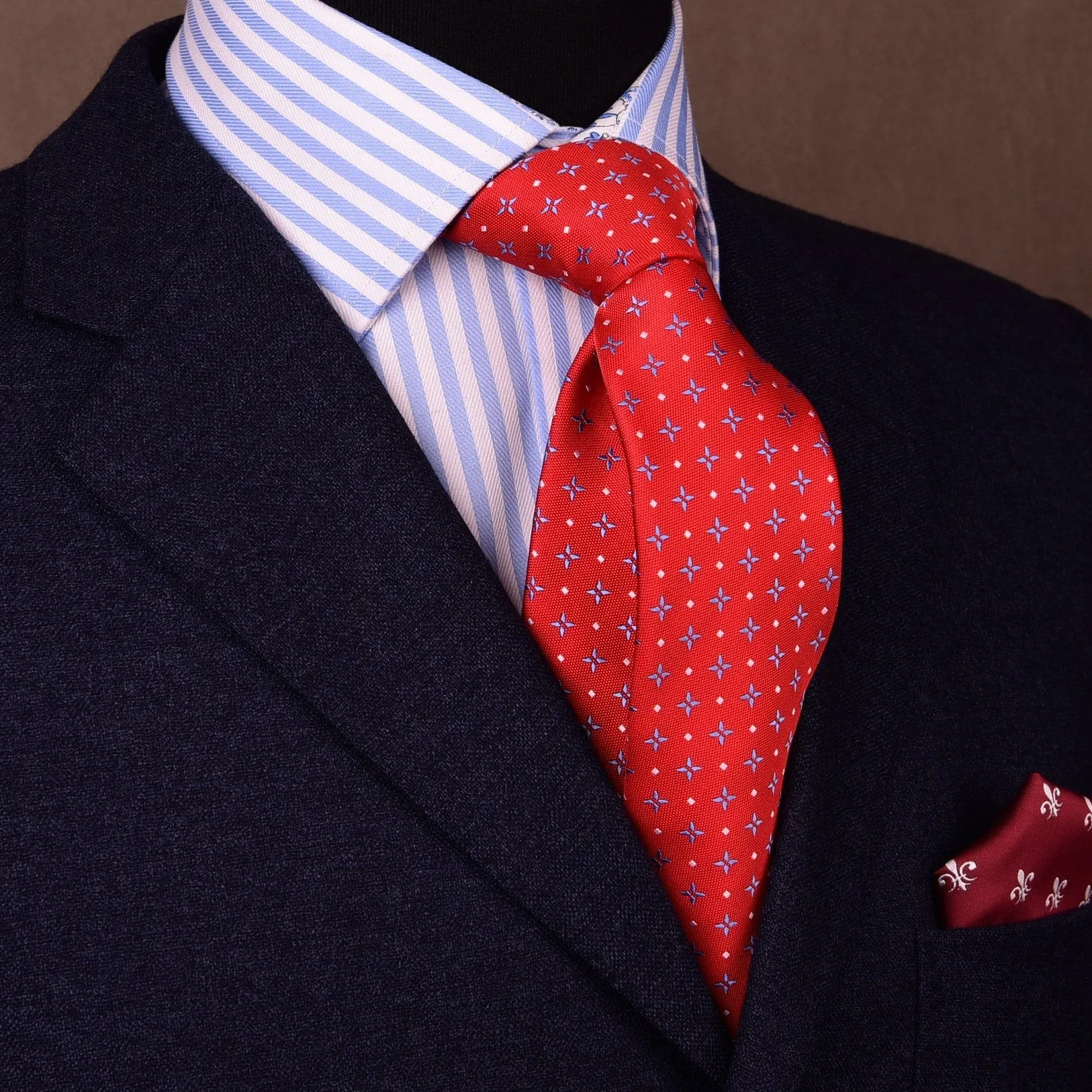Blue Diamond Ninja Star White Studs Red Modern Woven Tie 3"