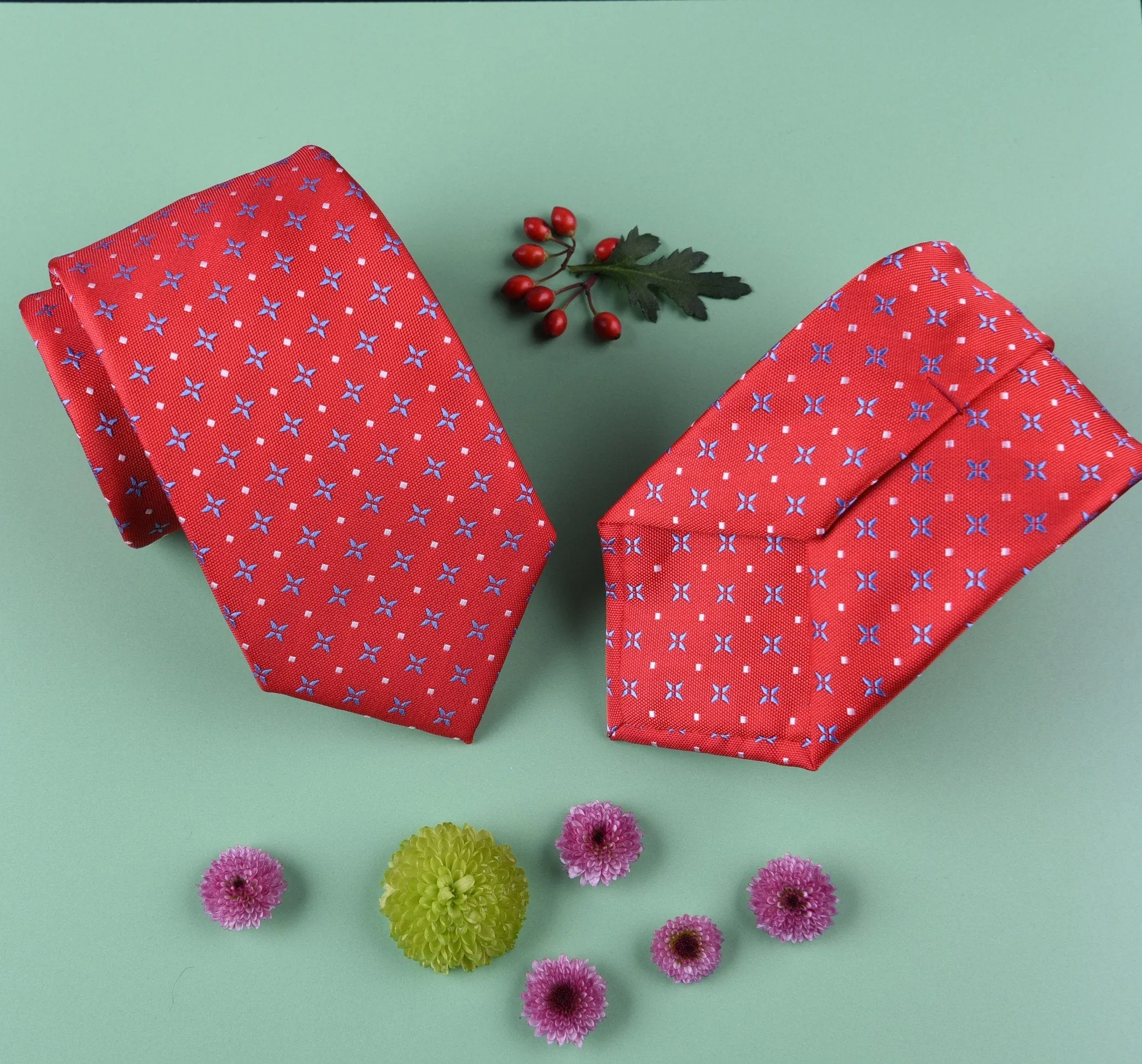 Blue Diamond Ninja Star White Studs Red Modern Woven Tie 3"