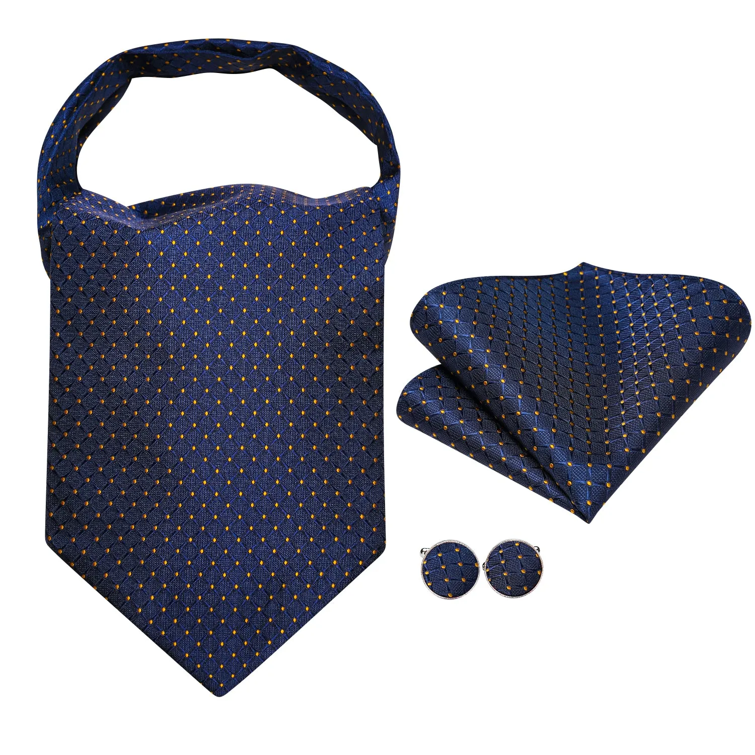 Blue Yellow Dot Ascot Pocket Square Cufflinks Set