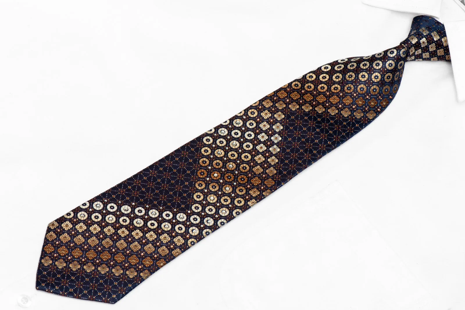 Brown Silver Geometric Floral On Navy Blue Rhinestone Tie With Gold Sparkles
