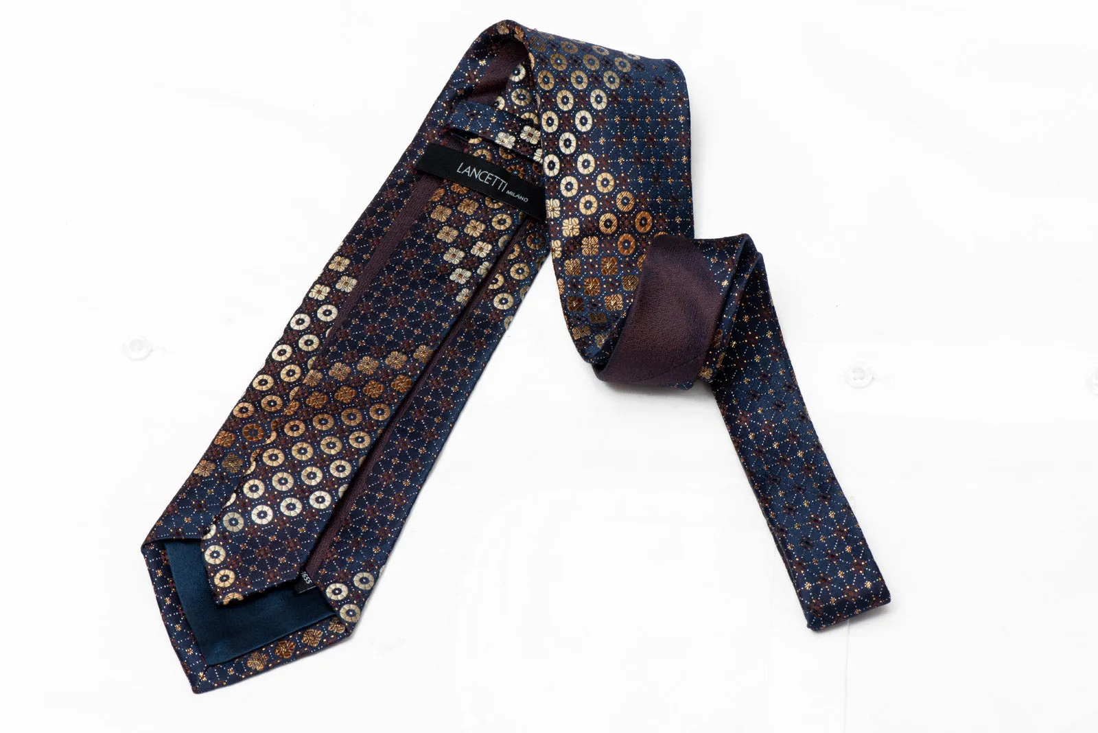 Brown Silver Geometric Floral On Navy Blue Rhinestone Tie With Gold Sparkles