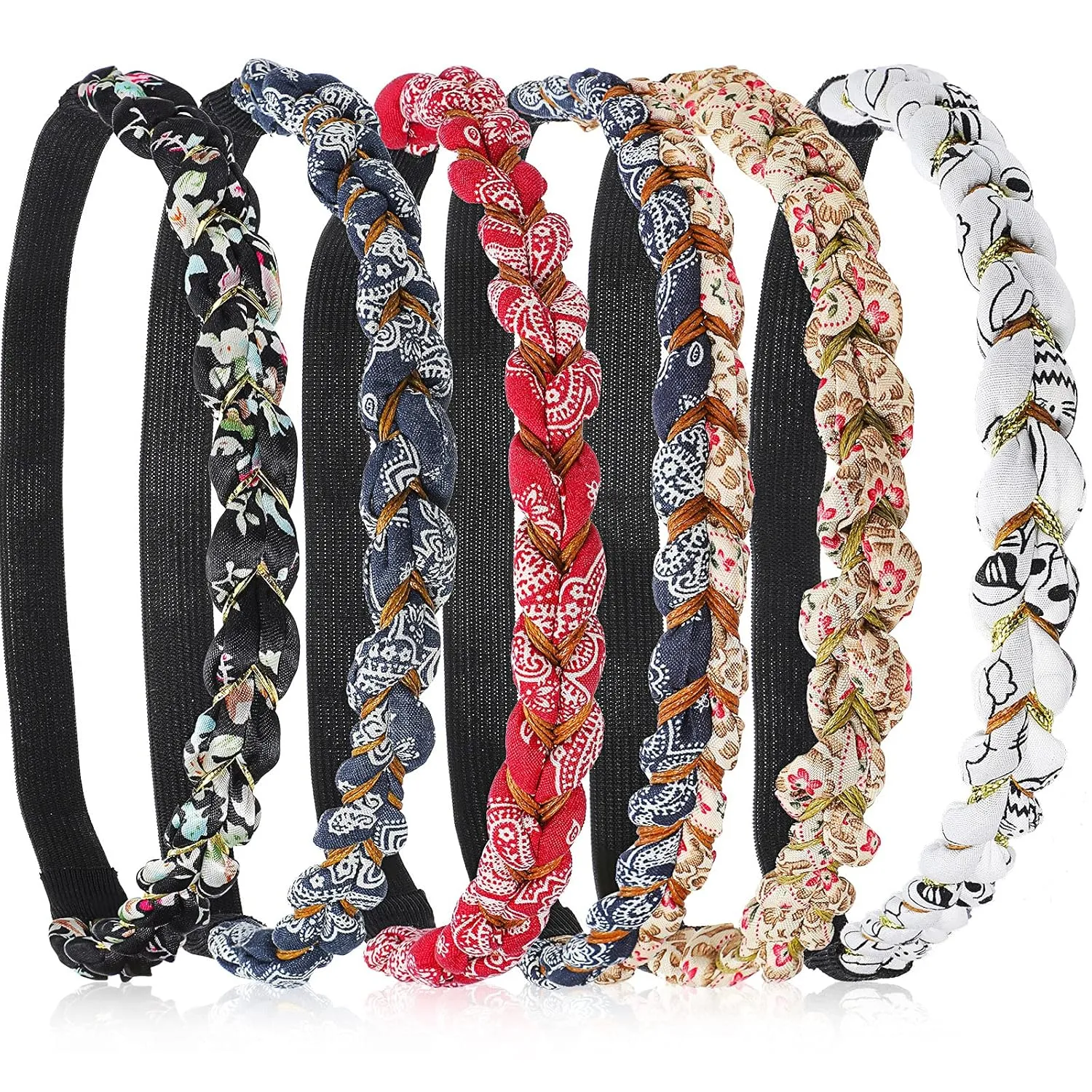 Chuangdi 6 Pieces Braided Floral Headbands Adjustable Braid Flower Hairband Elastic Stretch Fabric Braided Head Bands Hair Accessory for Girls Women Hair Styling