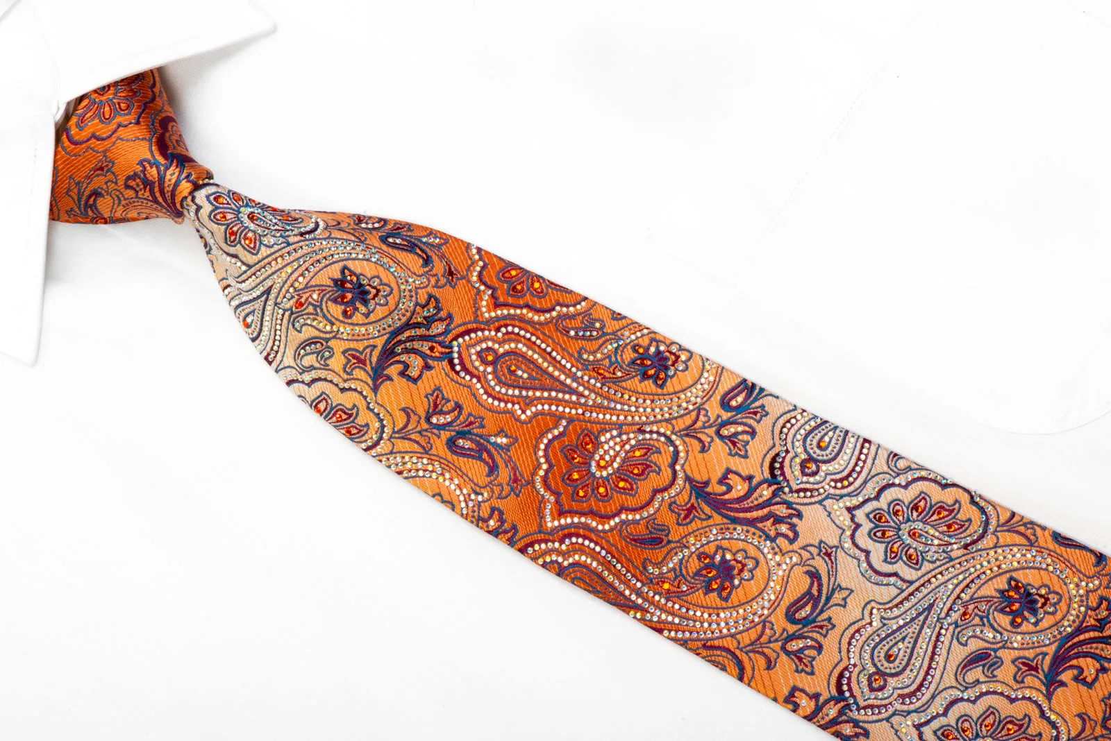 Crystal Rhinestone Silk Tie Anthemion Paisley On Orange By Renoma