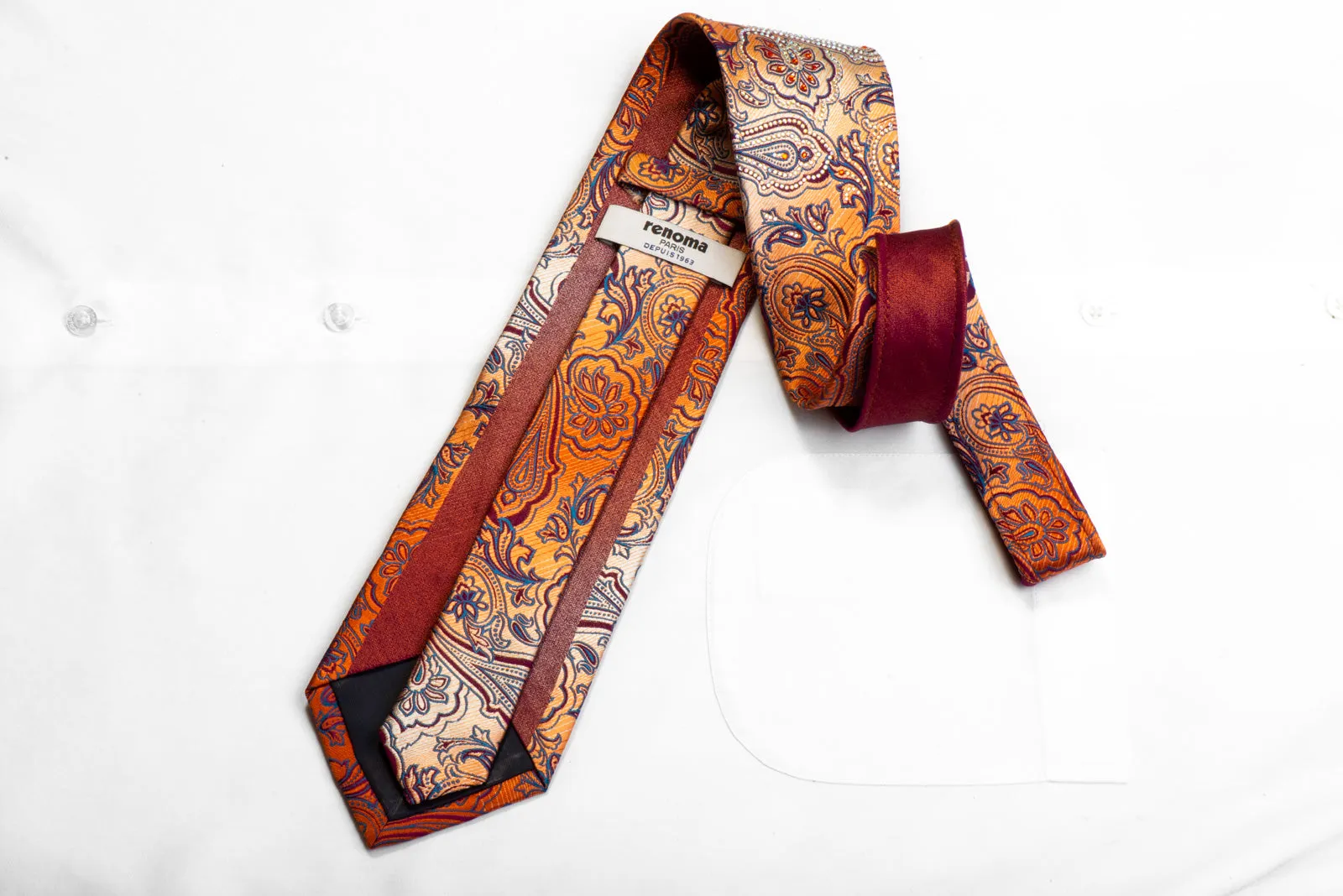 Crystal Rhinestone Silk Tie Anthemion Paisley On Orange By Renoma
