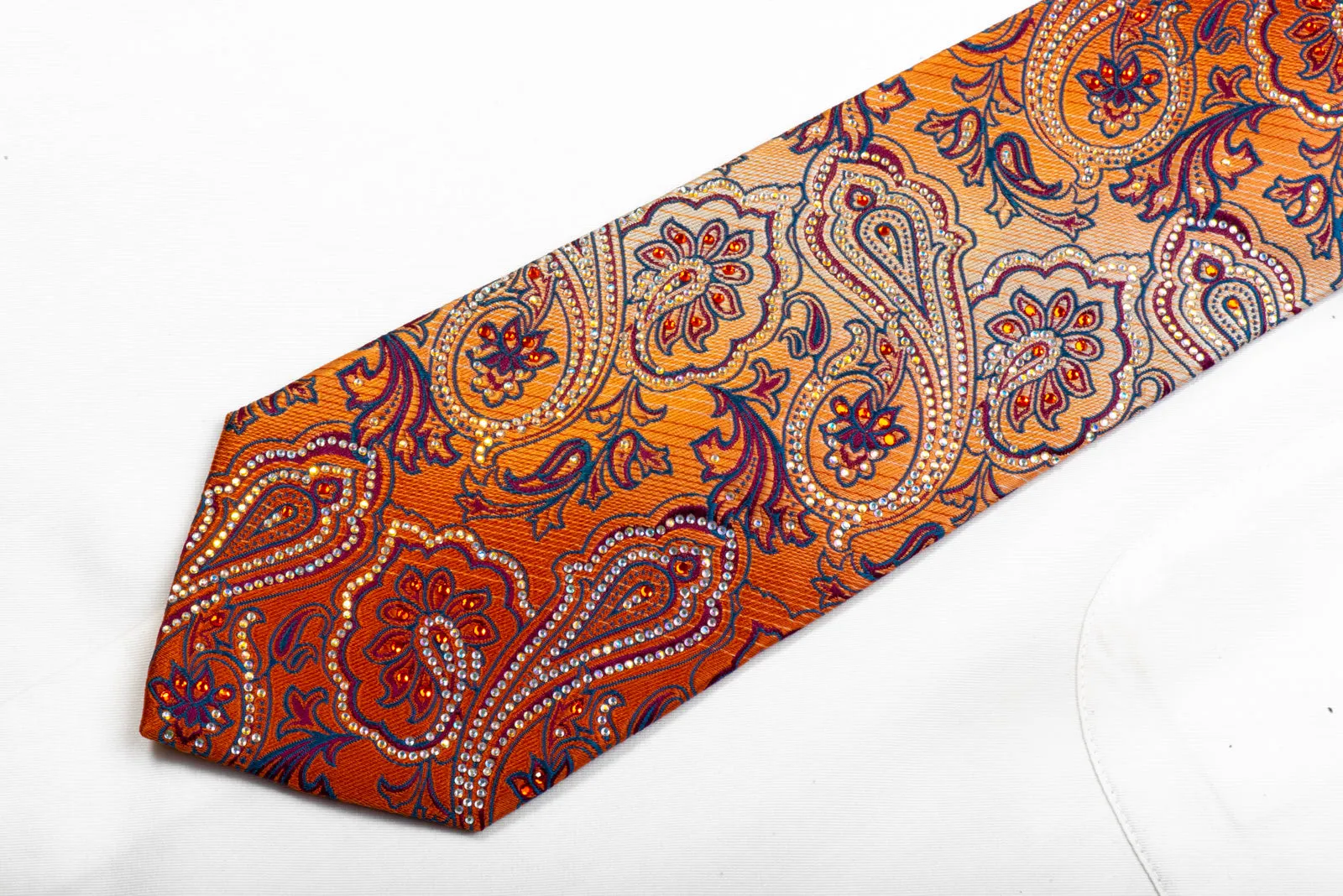 Crystal Rhinestone Silk Tie Anthemion Paisley On Orange By Renoma