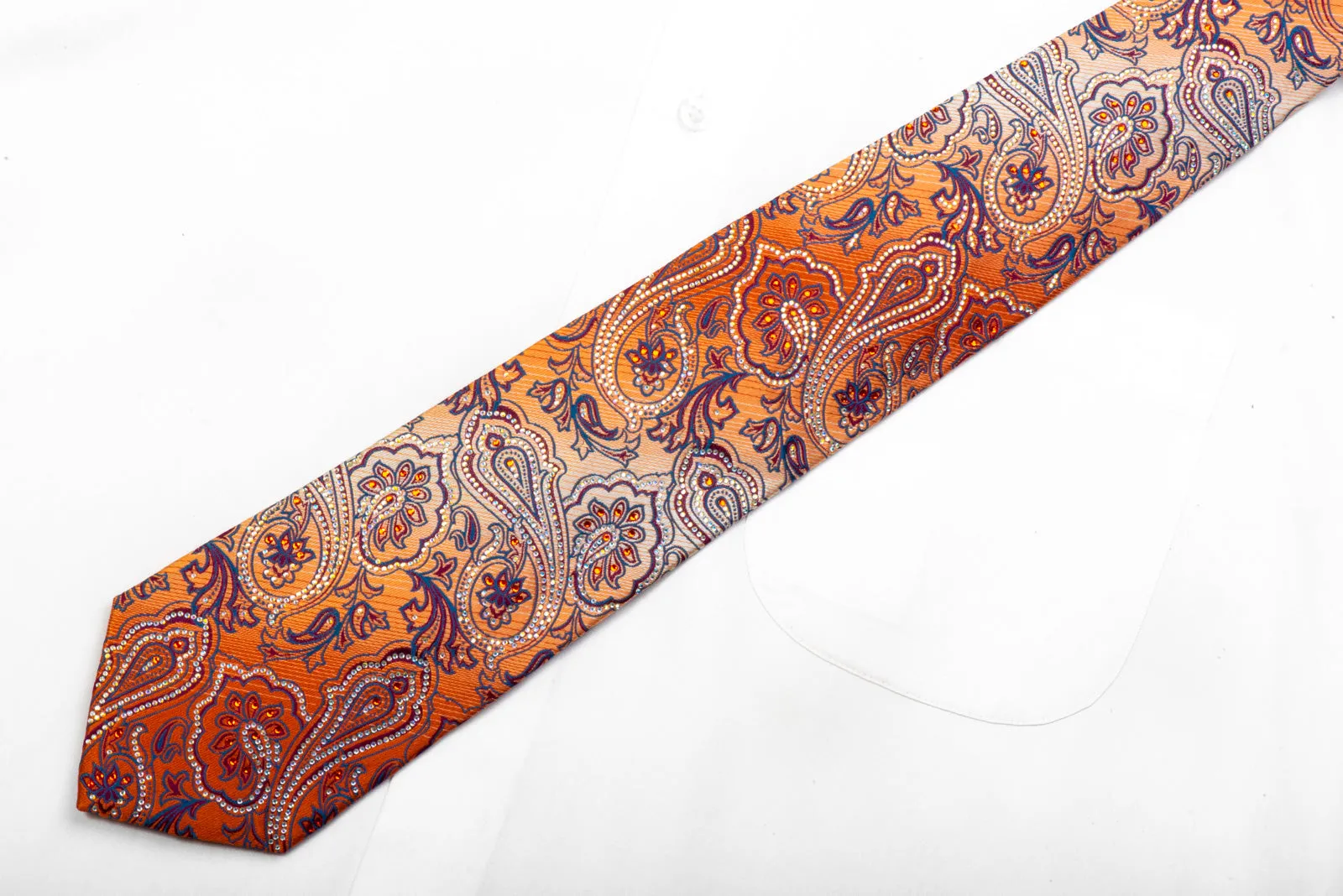 Crystal Rhinestone Silk Tie Anthemion Paisley On Orange By Renoma