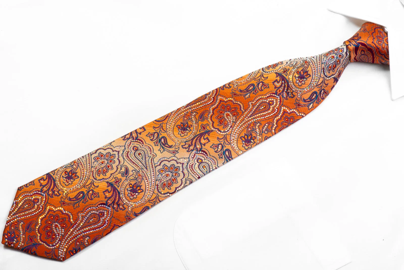 Crystal Rhinestone Silk Tie Anthemion Paisley On Orange By Renoma