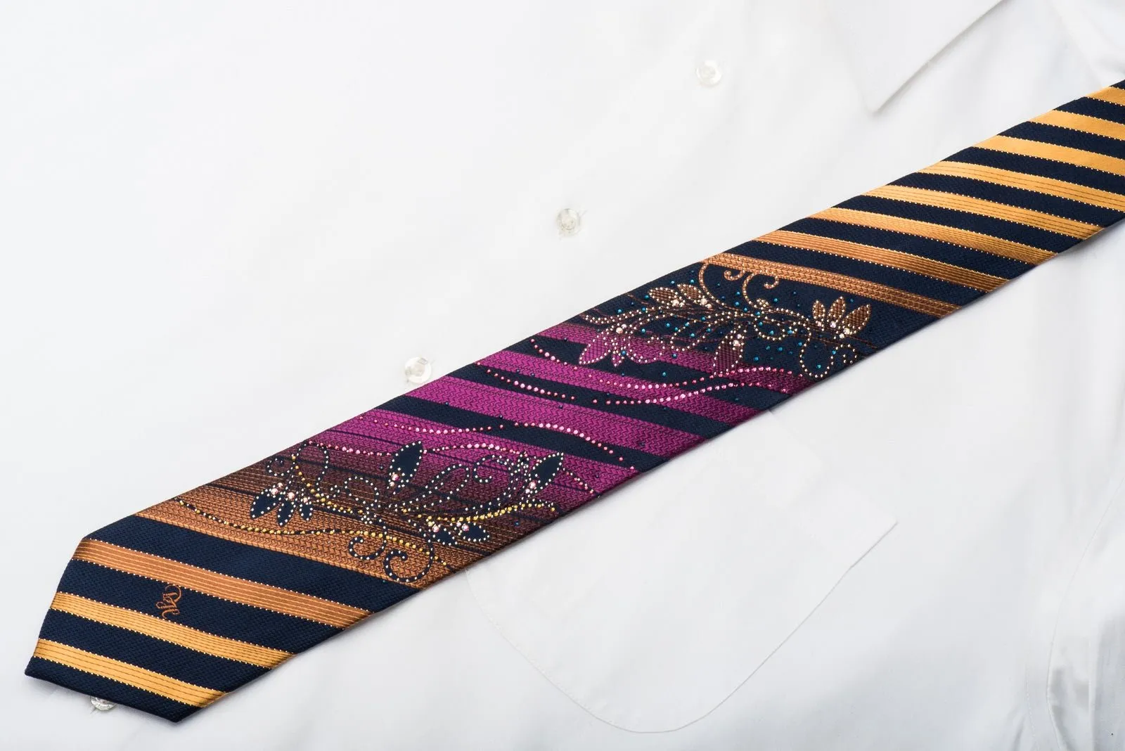 Daniel Hechter Rhinestone Tie Floral Scrolls On Orange Purple Striped With Sparkles