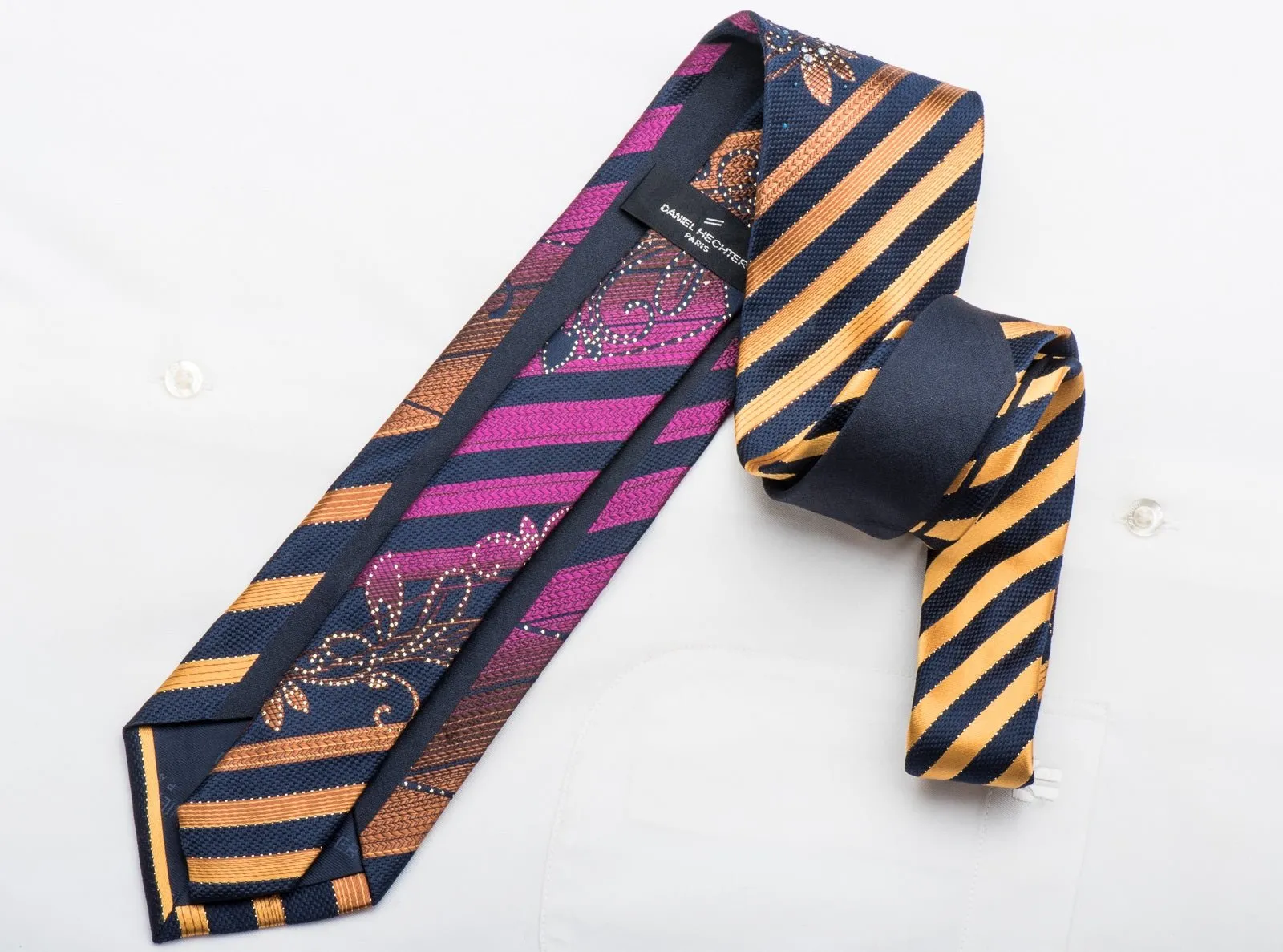 Daniel Hechter Rhinestone Tie Floral Scrolls On Orange Purple Striped With Sparkles
