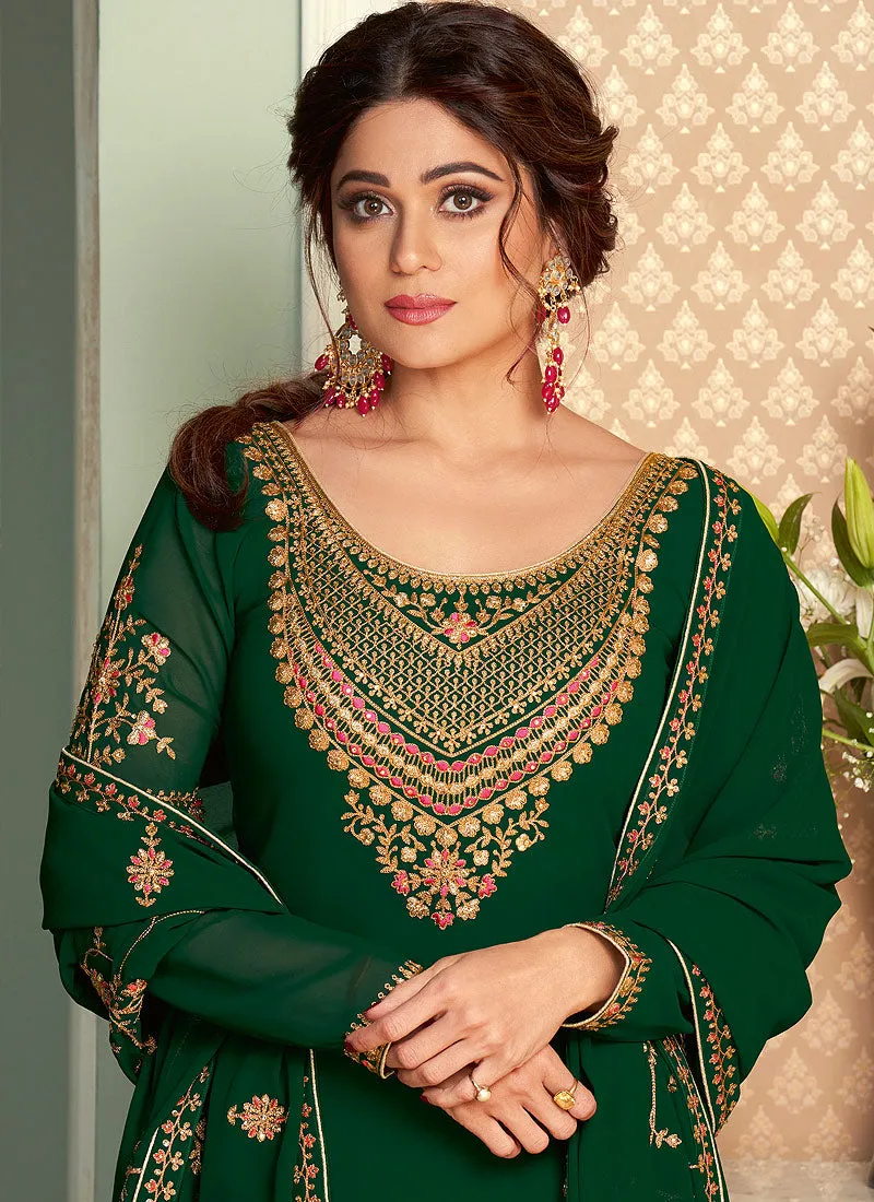 Dark Green Embroidered Lehenga Style Suit