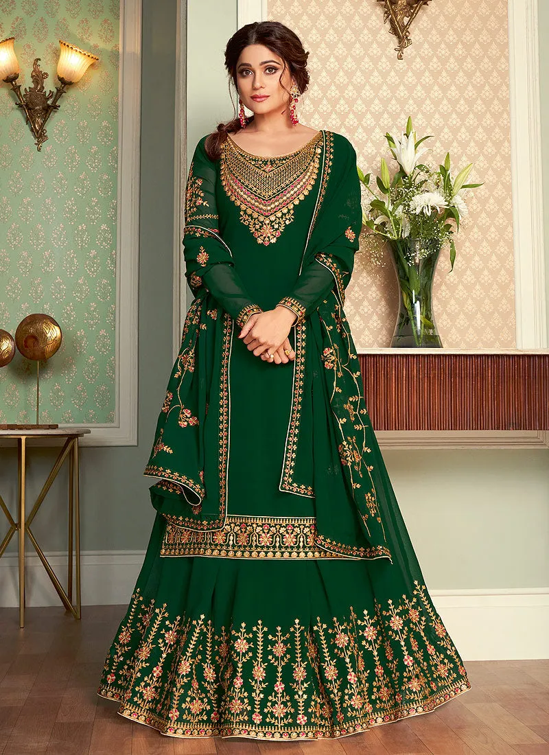 Dark Green Embroidered Lehenga Style Suit