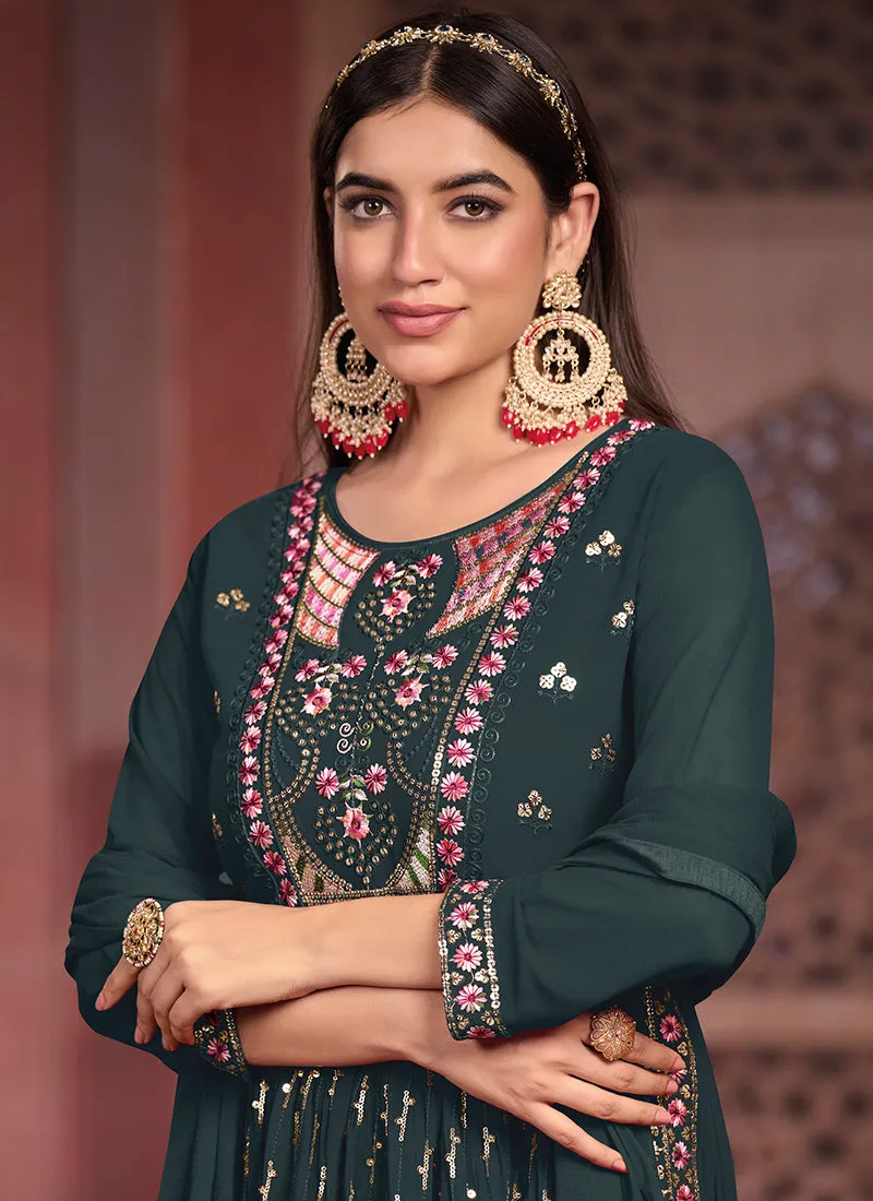 Dark Green Multi Embroidered Traditional High Slit Palazzo Suit