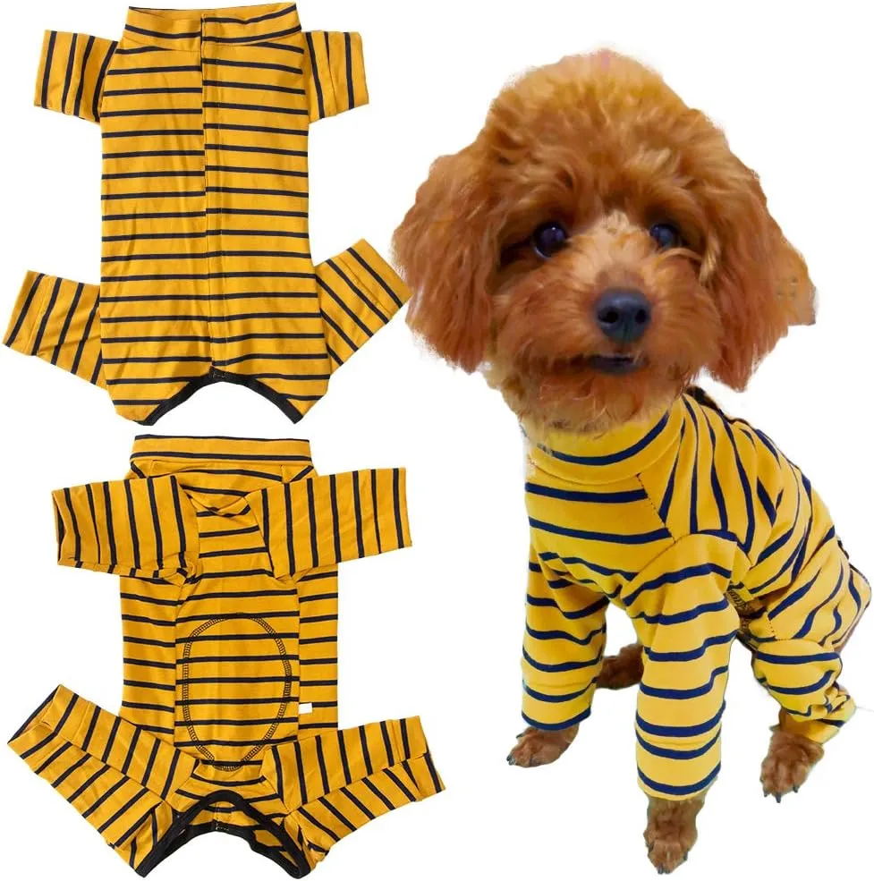Dogs Recovery Suit Post Surgery Shirt for Puppy, Full Coverage Dog's Bodysuit Wound Protective Surgical Clothes for Small and Medium Pets (Yellow Black Stripe-XXS)