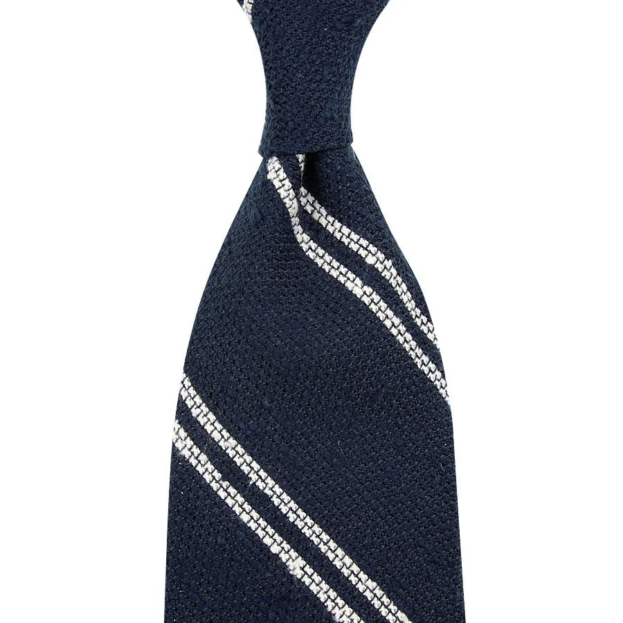 Double Bar Shantung Grenadine Tie - Navy - Hand-Rolled