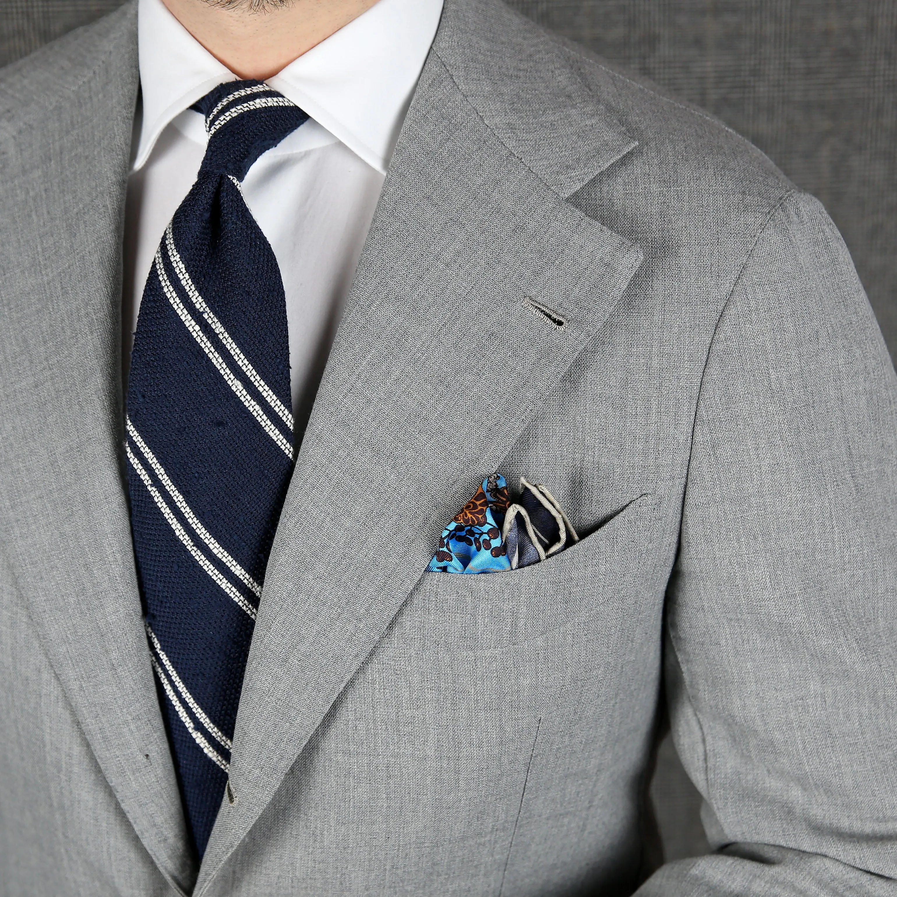 Double Bar Shantung Grenadine Tie - Navy - Hand-Rolled