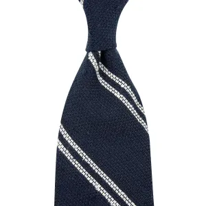 Double Bar Shantung Grenadine Tie - Navy - Hand-Rolled