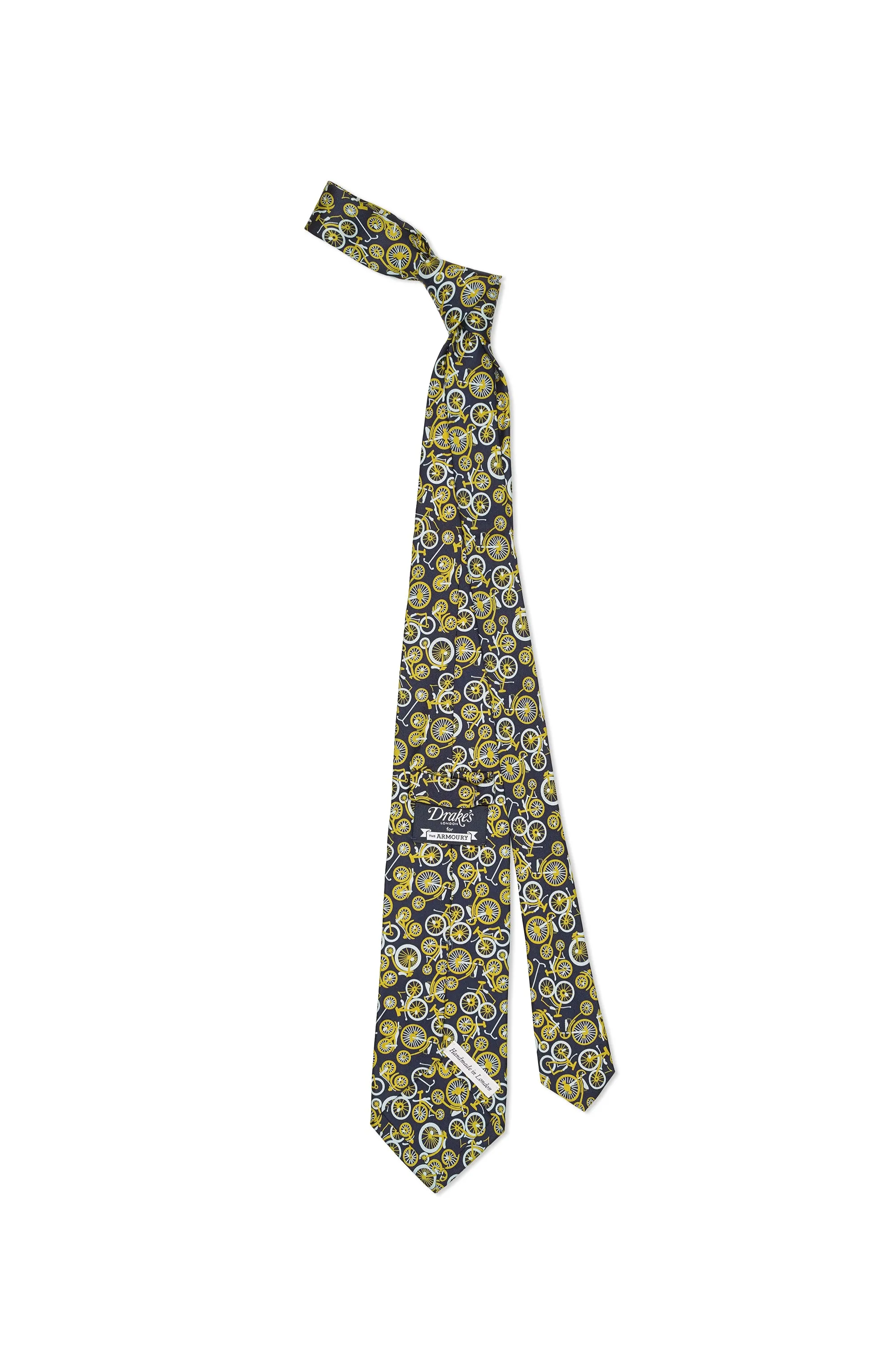 Drake's Navy with Yellow Bike Print Silk Tie