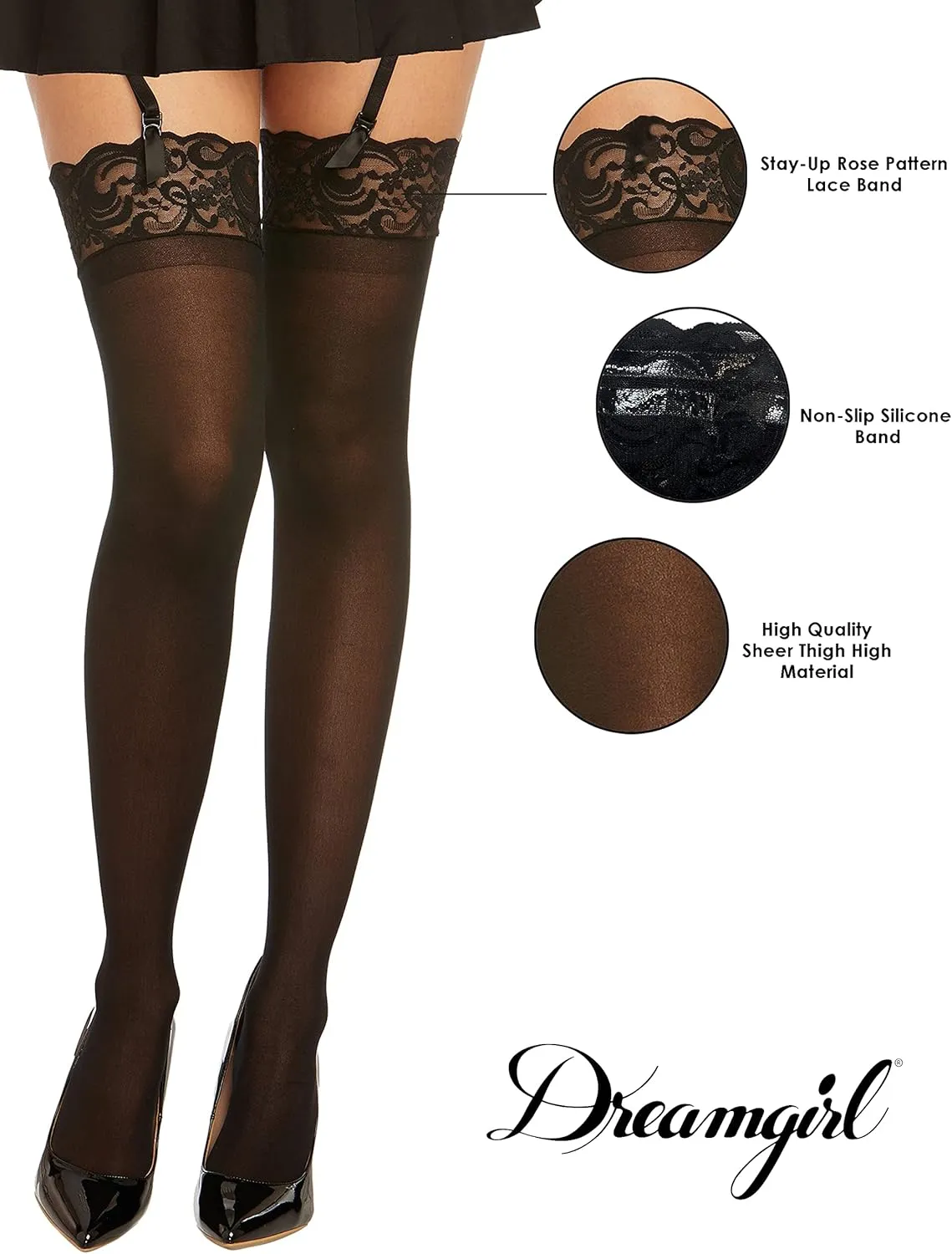 Dreamgirl Womens Sheer Thigh High Pantyhose Hosiery Nylons Stockings with Comfort Lace Top Anti-Slip Silicone Elastic Band