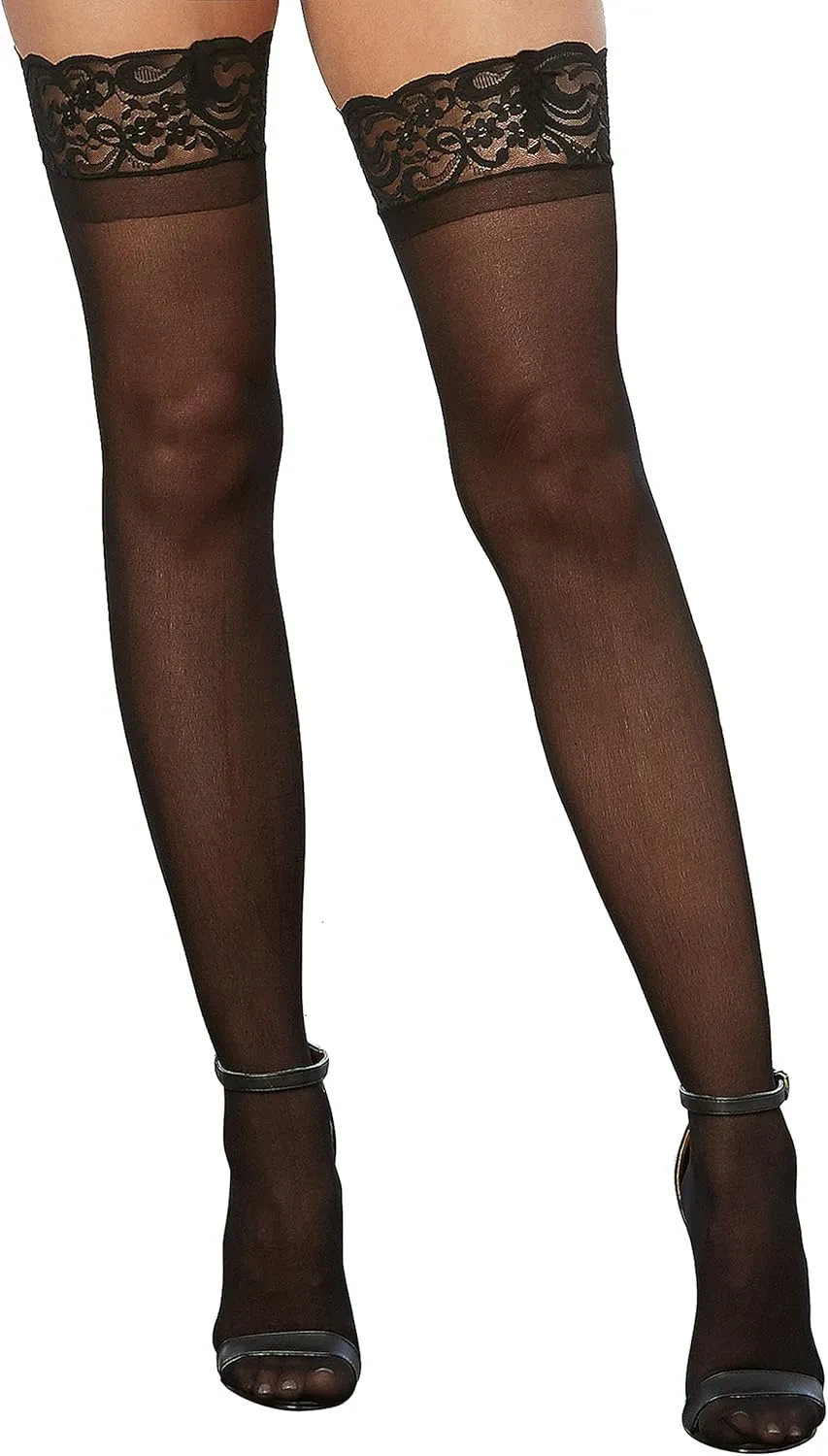 Dreamgirl Womens Sheer Thigh High Pantyhose Hosiery Nylons Stockings with Comfort Lace Top Anti-Slip Silicone Elastic Band