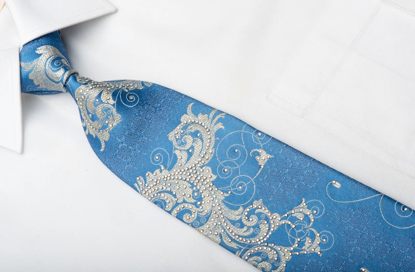 Elle Homme Men's Silk Necktie Silver Acanthus On Blue Sparkling With Crystal Rhinestones