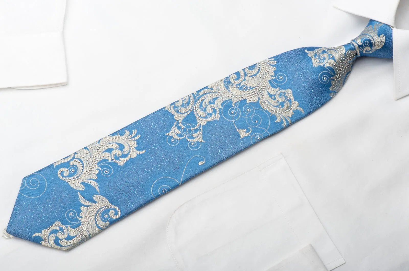 Elle Homme Men's Silk Necktie Silver Acanthus On Blue Sparkling With Crystal Rhinestones