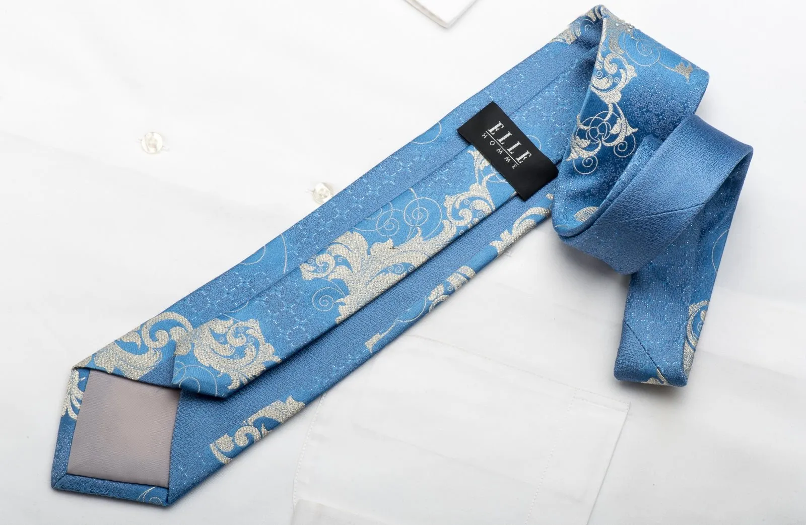 Elle Homme Men's Silk Necktie Silver Acanthus On Blue Sparkling With Crystal Rhinestones