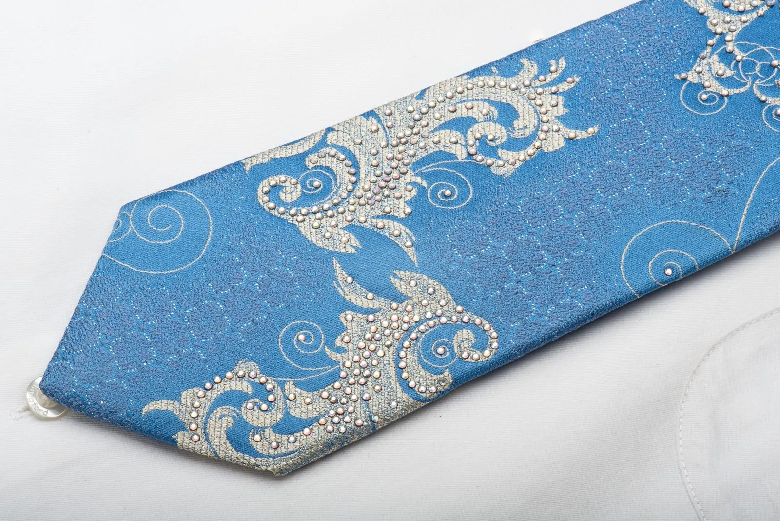 Elle Homme Men's Silk Necktie Silver Acanthus On Blue Sparkling With Crystal Rhinestones