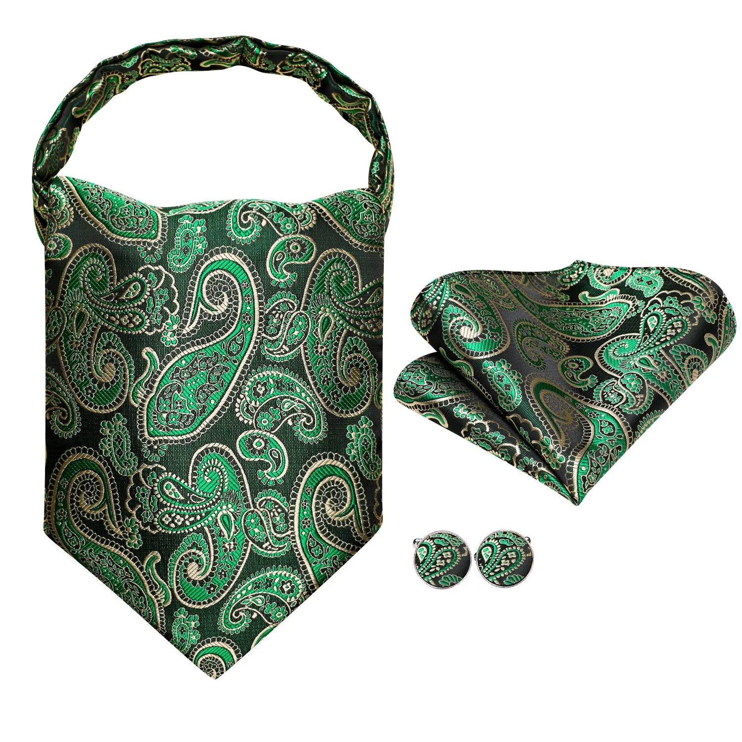 Emerald Green Champagne Paisley Ascot Pocket Square Cufflinks Set