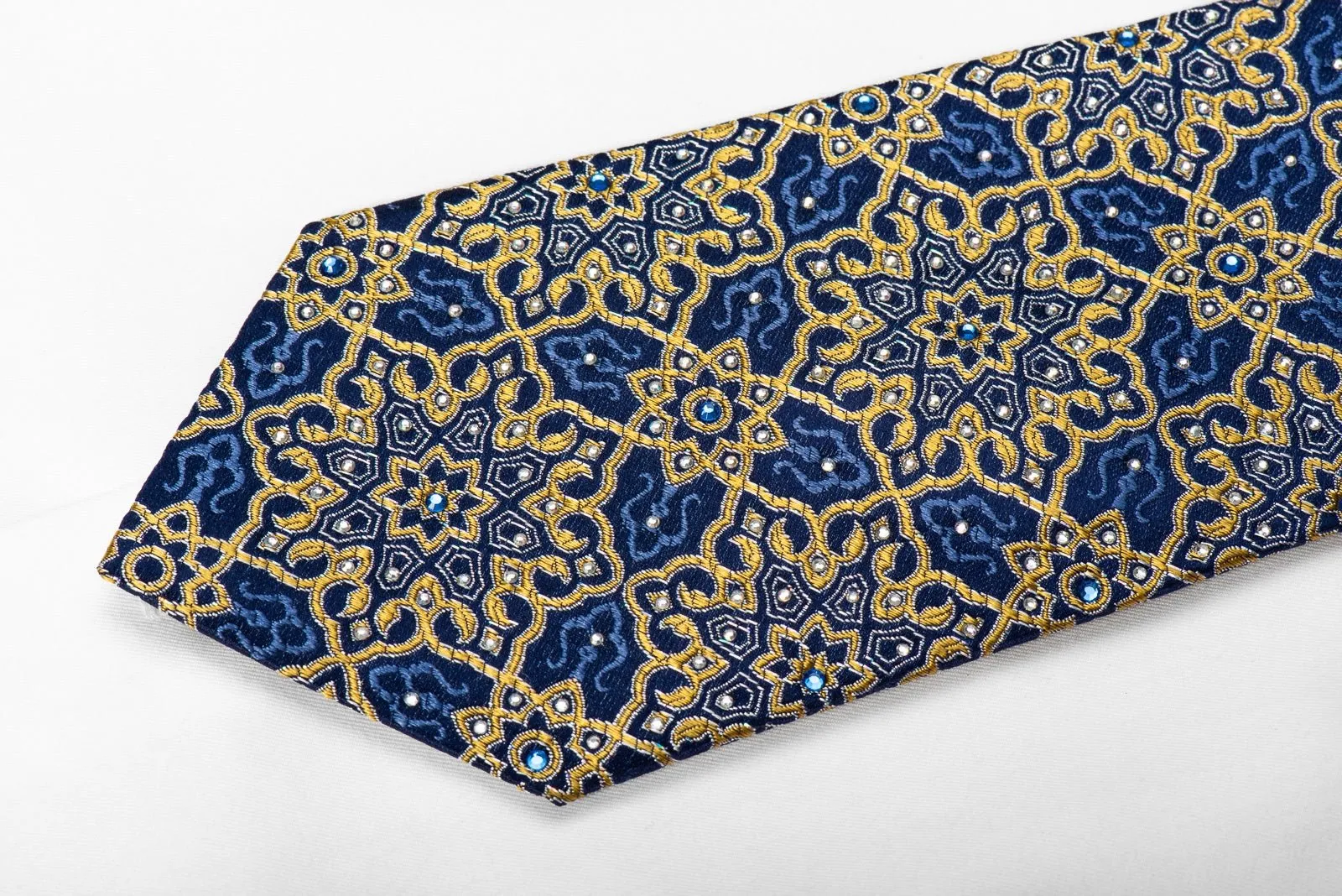 Franco Ferraro Men's Silk Necktie Yellow Arabesk On Blue With Sparkles