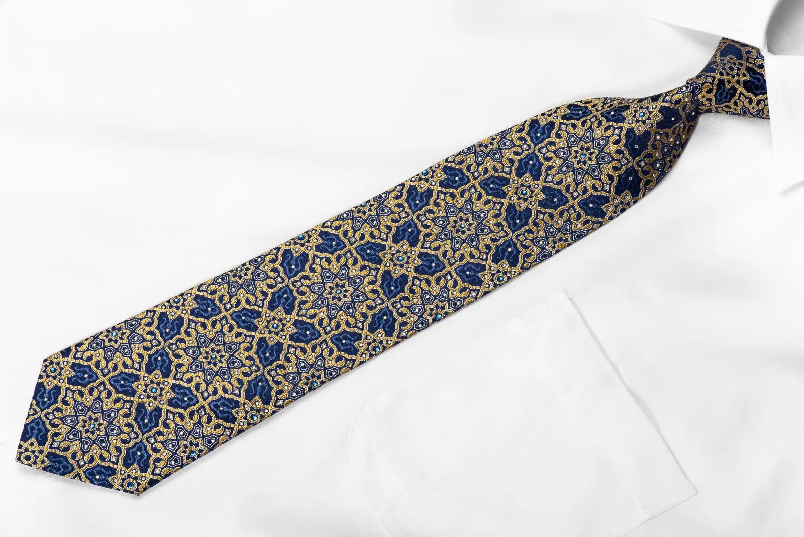 Franco Ferraro Men's Silk Necktie Yellow Arabesk On Blue With Sparkles