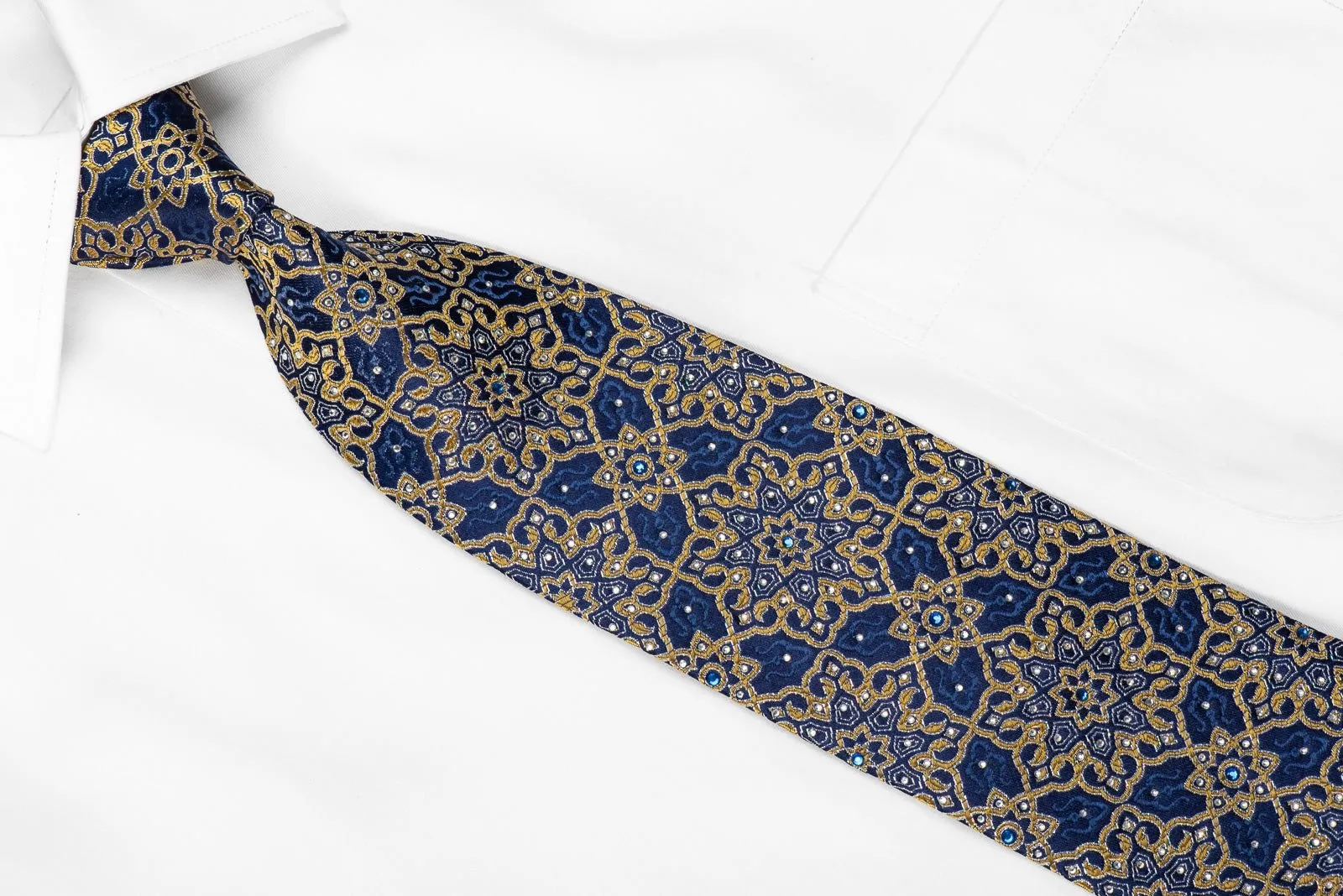 Franco Ferraro Men's Silk Necktie Yellow Arabesk On Blue With Sparkles