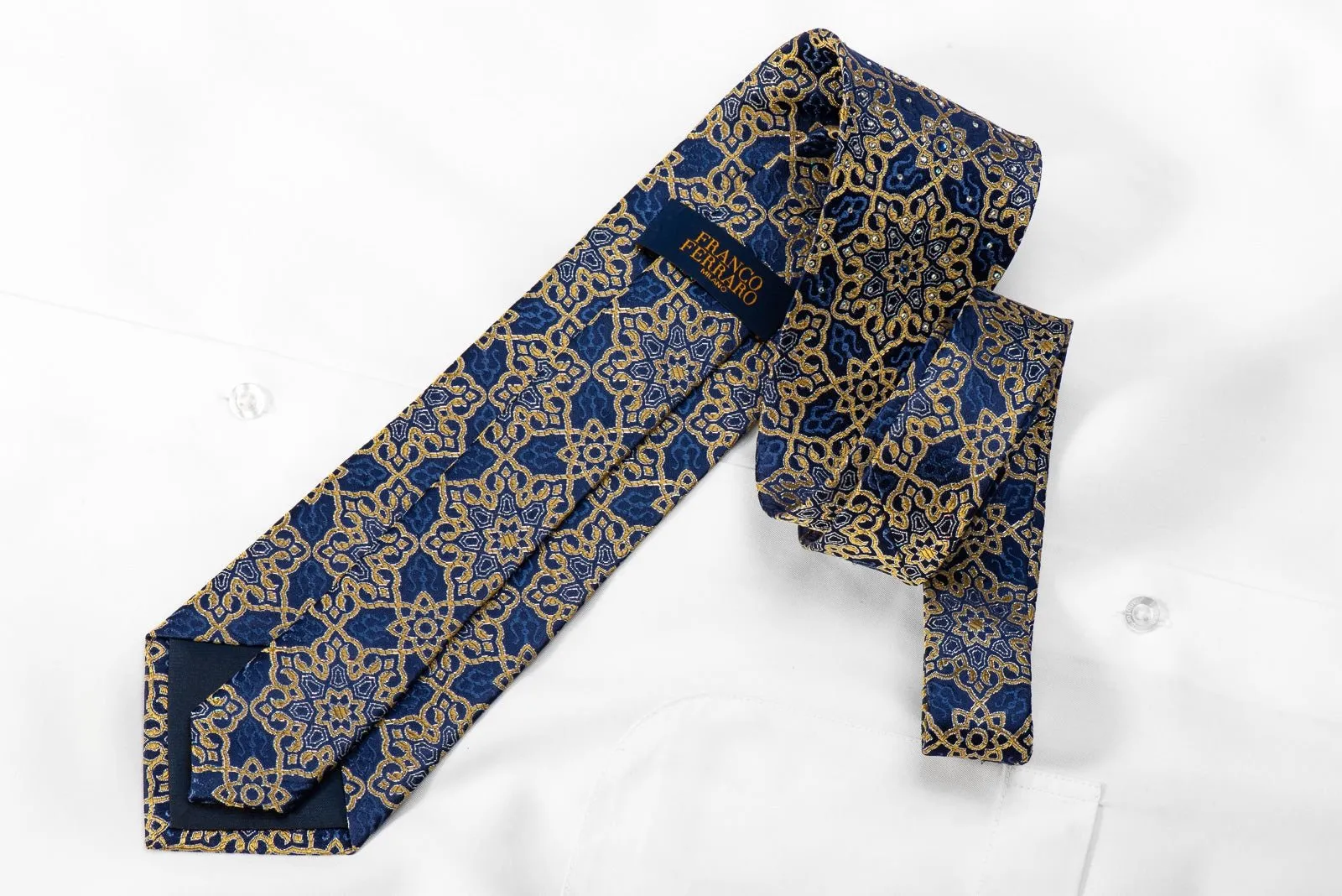 Franco Ferraro Men's Silk Necktie Yellow Arabesk On Blue With Sparkles