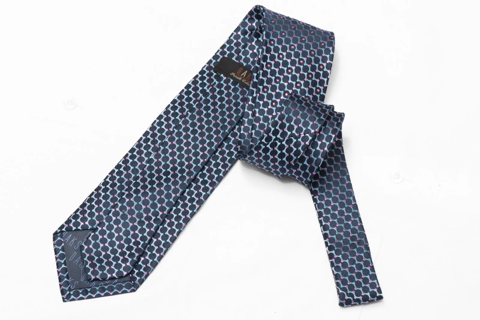 Geometric Design On Blue Silk Necktie With Pink Rhinestones & Metallic Sparkles