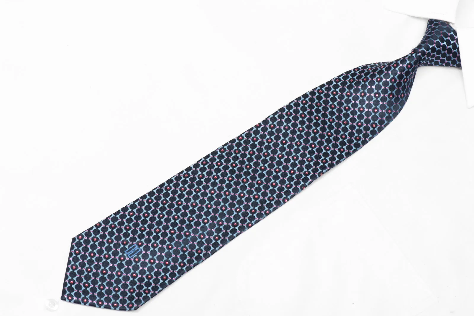 Geometric Design On Blue Silk Necktie With Pink Rhinestones & Metallic Sparkles